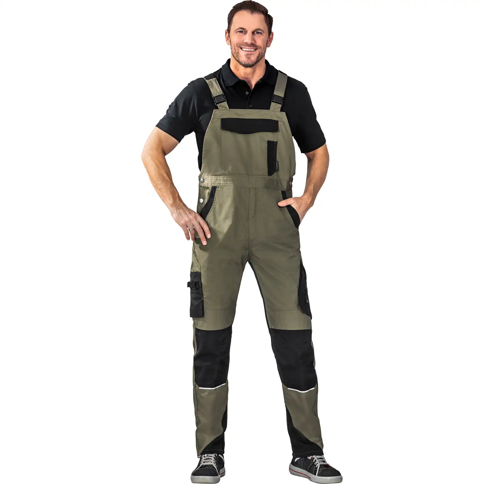 Planam Norit Herren Latzhose oliv/schwarz 102 oliv/schwarz - Produktbild mit Model