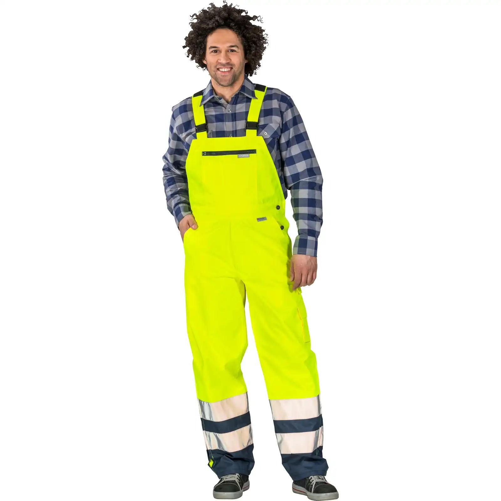 Planam Warnschutz Regenlatzhose gelb/marine 4XL gelb/marine - Produktbild mit Model
