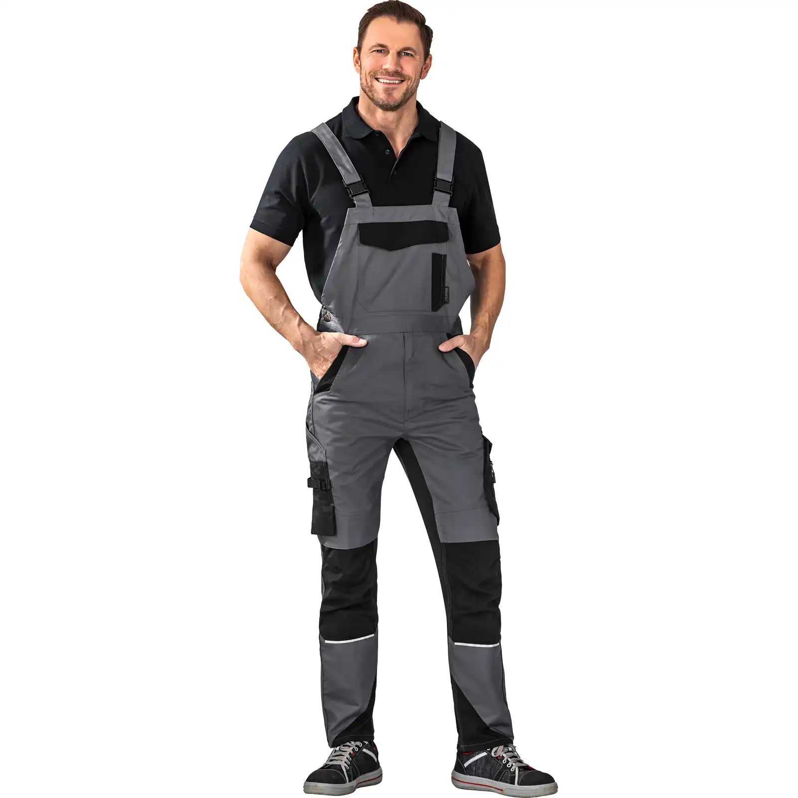 Planam Norit Herren Latzhose schiefer/schwarz 102 schiefer/schwarz - Produktbild mit Model