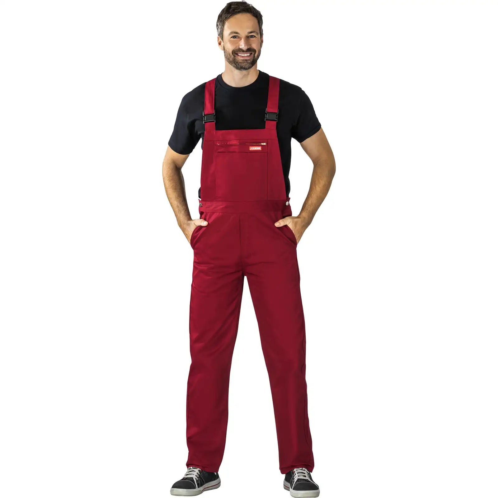 Planam MG 260 Latzhose bordeaux 102 bordeaux - Produktbild mit Model