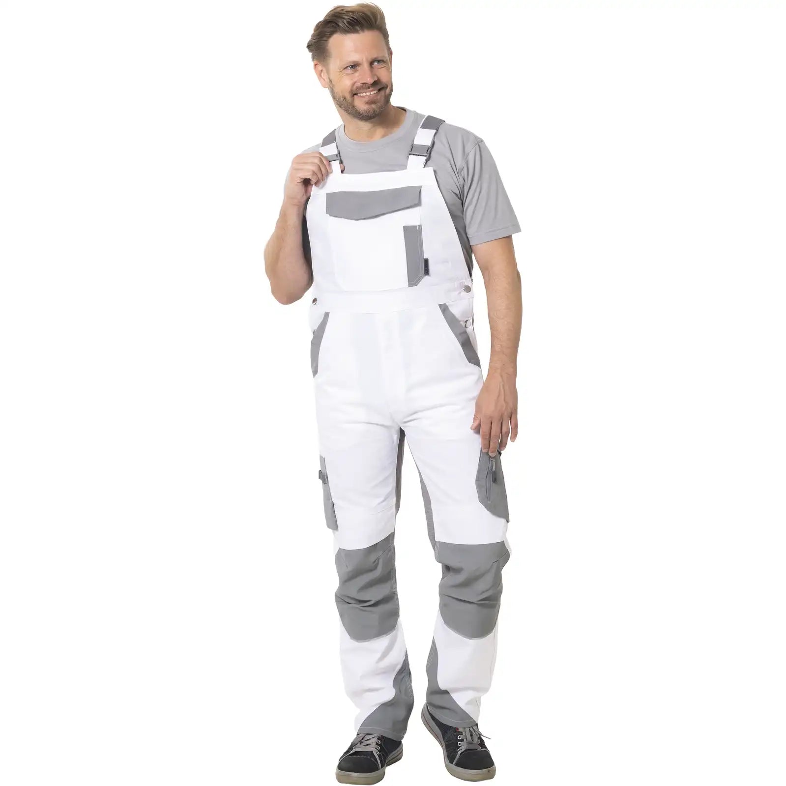 Planam Norit Herren Latzhose weiß/zink         102 weiß/zink - Produktbild mit Model
