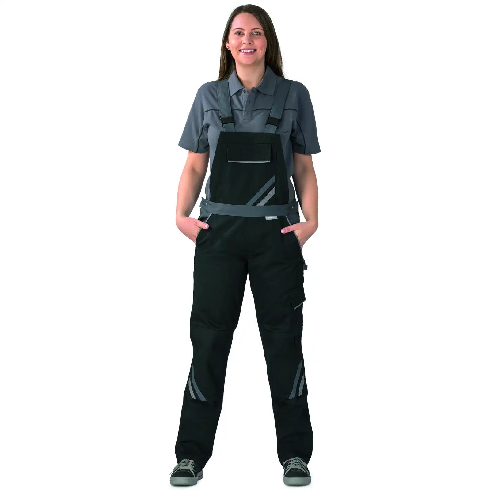 Planam Highline Damen Latzhose schwarz/schiefer/zink 34 schwarz/schiefer/zink - Produktbild mit Model