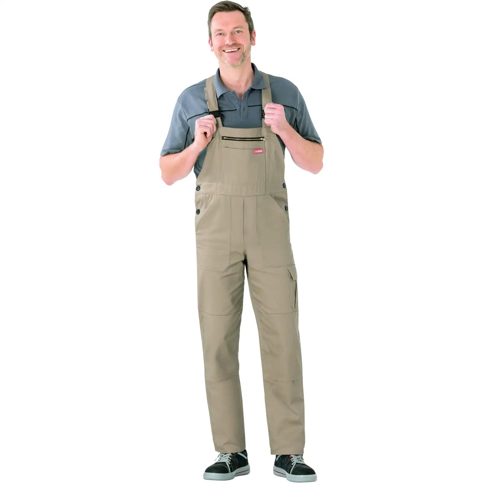 Planam BW 290 Cargo-Latzhose khaki 102 khaki - Produktbild mit Model