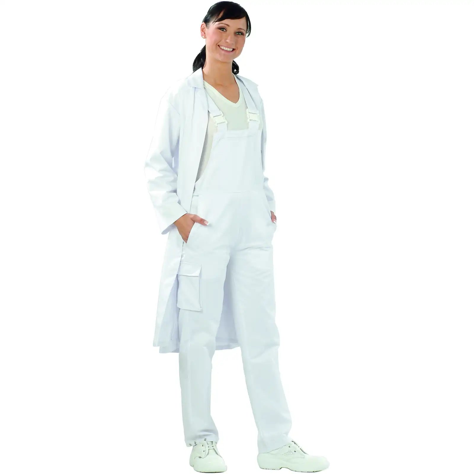 Planam Food Damen Latzhose reinweiß 36 reinweiß - Produktbild mit Model