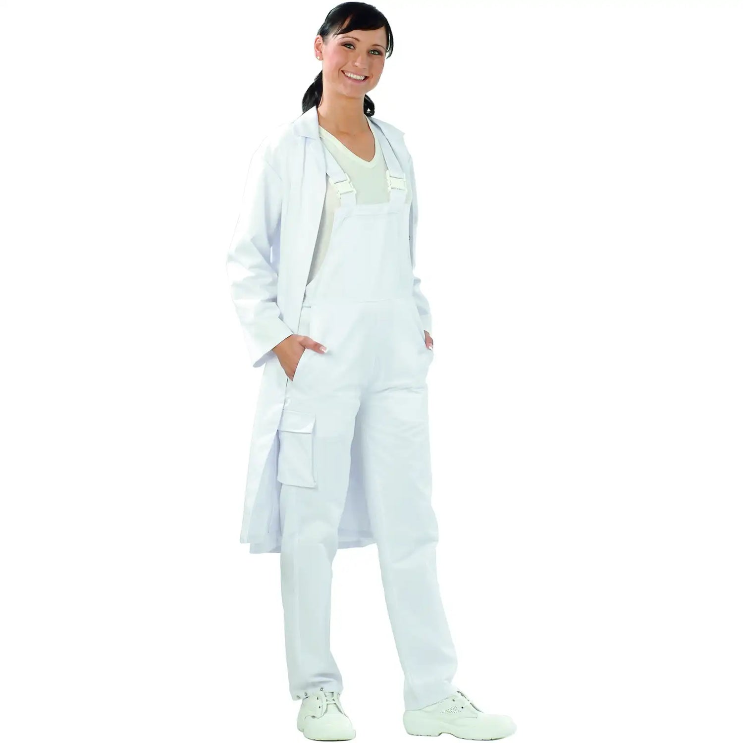 Planam Food Damen Latzhose reinweiß 36 reinweiß - Produktbild mit Model