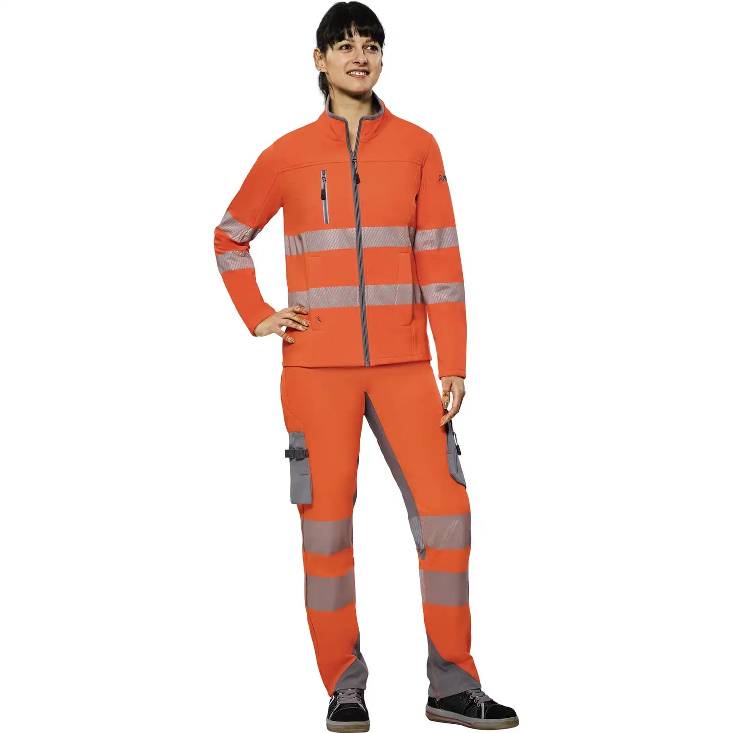 Planam Norit Warnschutz Damen Pure Softshelljacke orange  36 orange - Produktbild mit Model