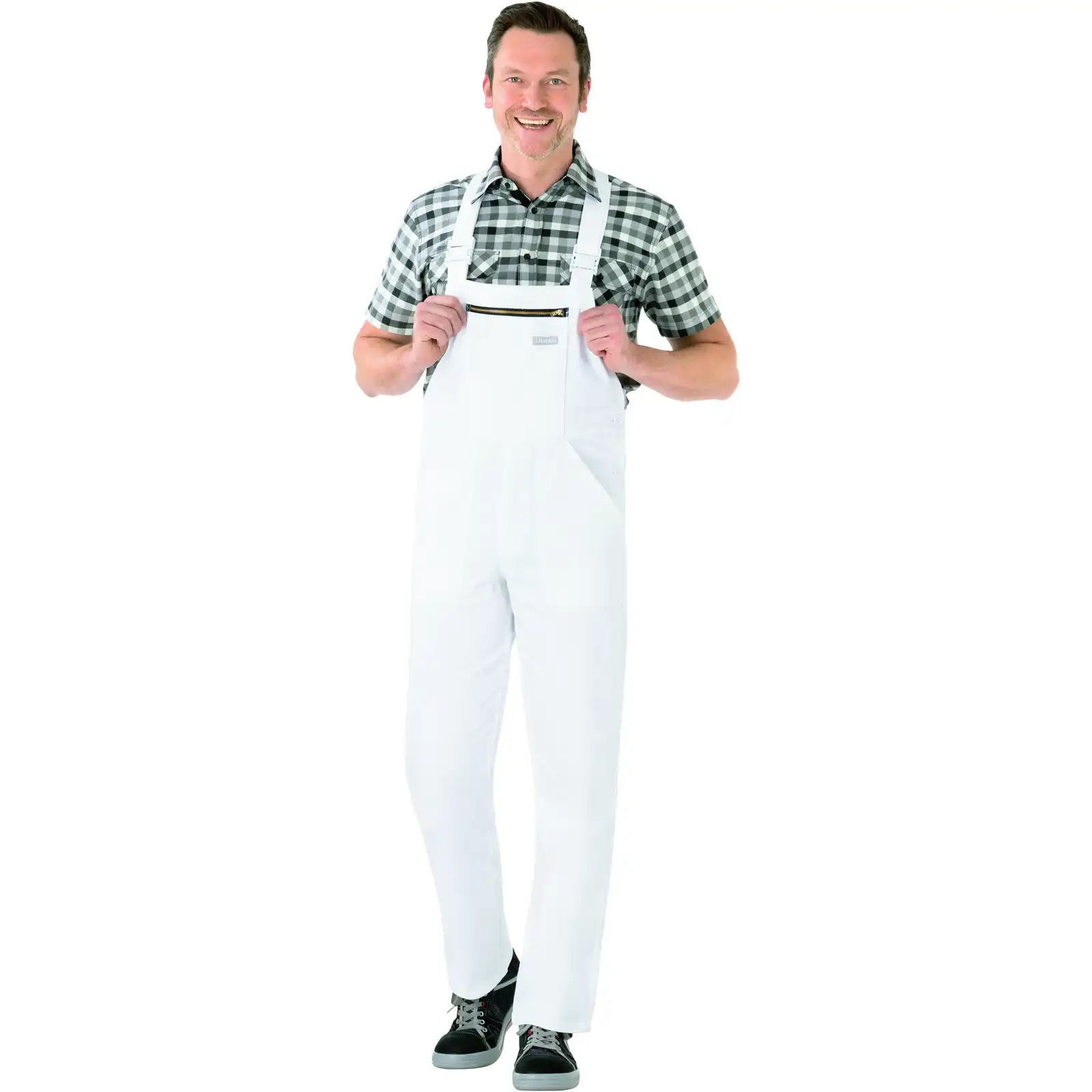 Planam BW 290 Latzhose reinweiß 102 reinweiß - Produktbild mit Model