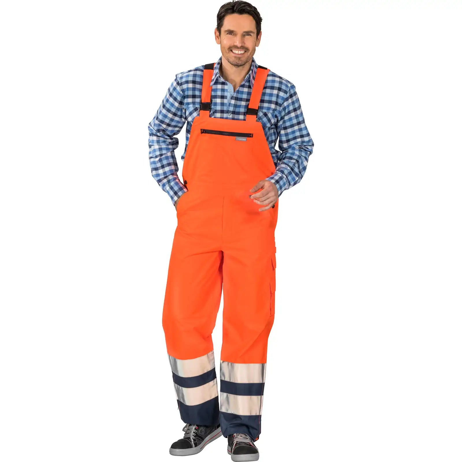 Planam Warnschutz Regenlatzhose orange/marine 4XL orange/marine - Produktbild mit Model