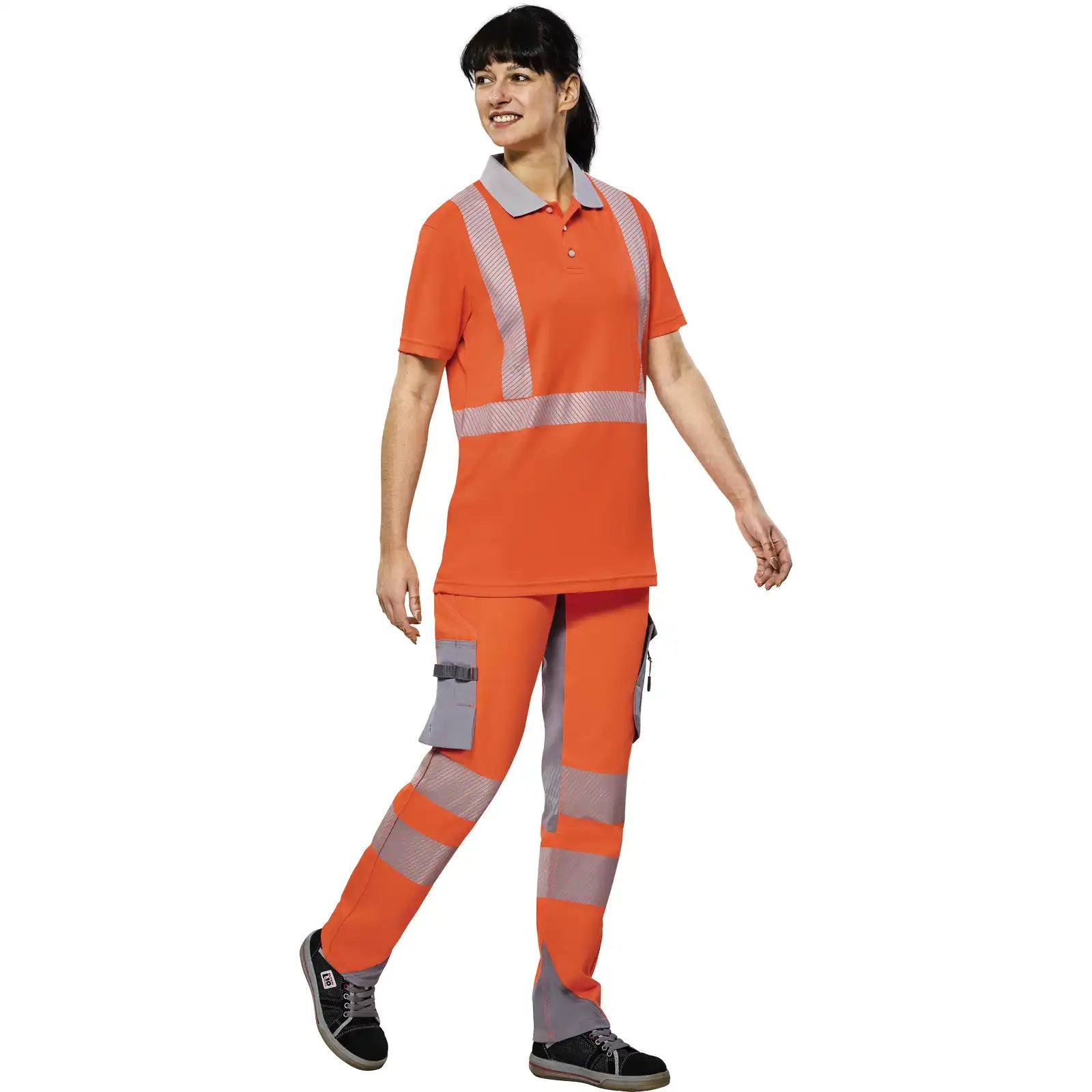 Planam Norit Warnschutz Poloshirt kurzarm orange/zink XS orange/zink - Produktbild mit Model
