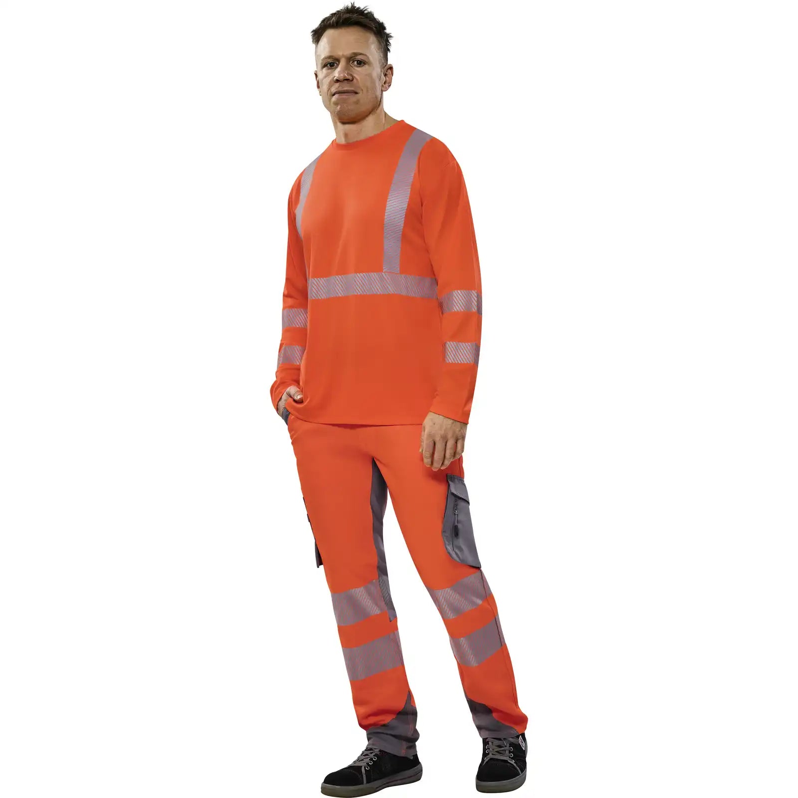 Planam Norit Warnschutz T-Shirt langarm orange  XS orange - Produktbild mit Model