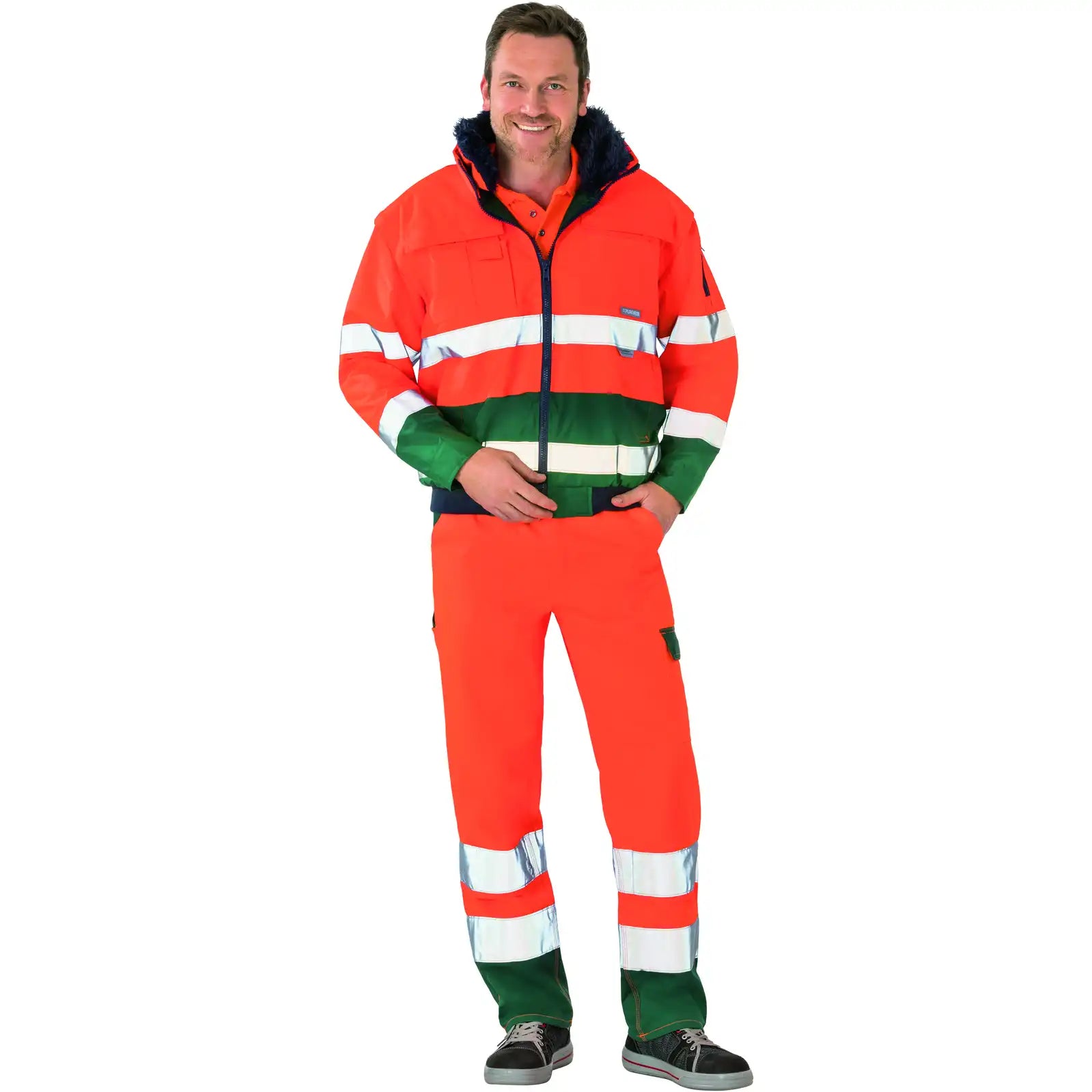 Planam Warnschutz Comfortjacke orange/grün 4XL orange/grün - Produktbild mit Model