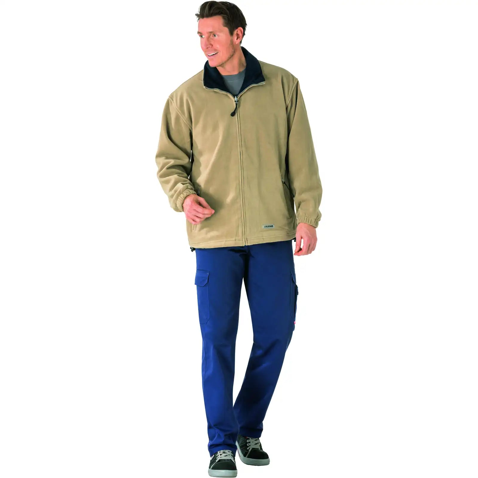 Planam Outdoor Stream Fleecejacke camel/marine L camel/marine - Produktbild mit Model