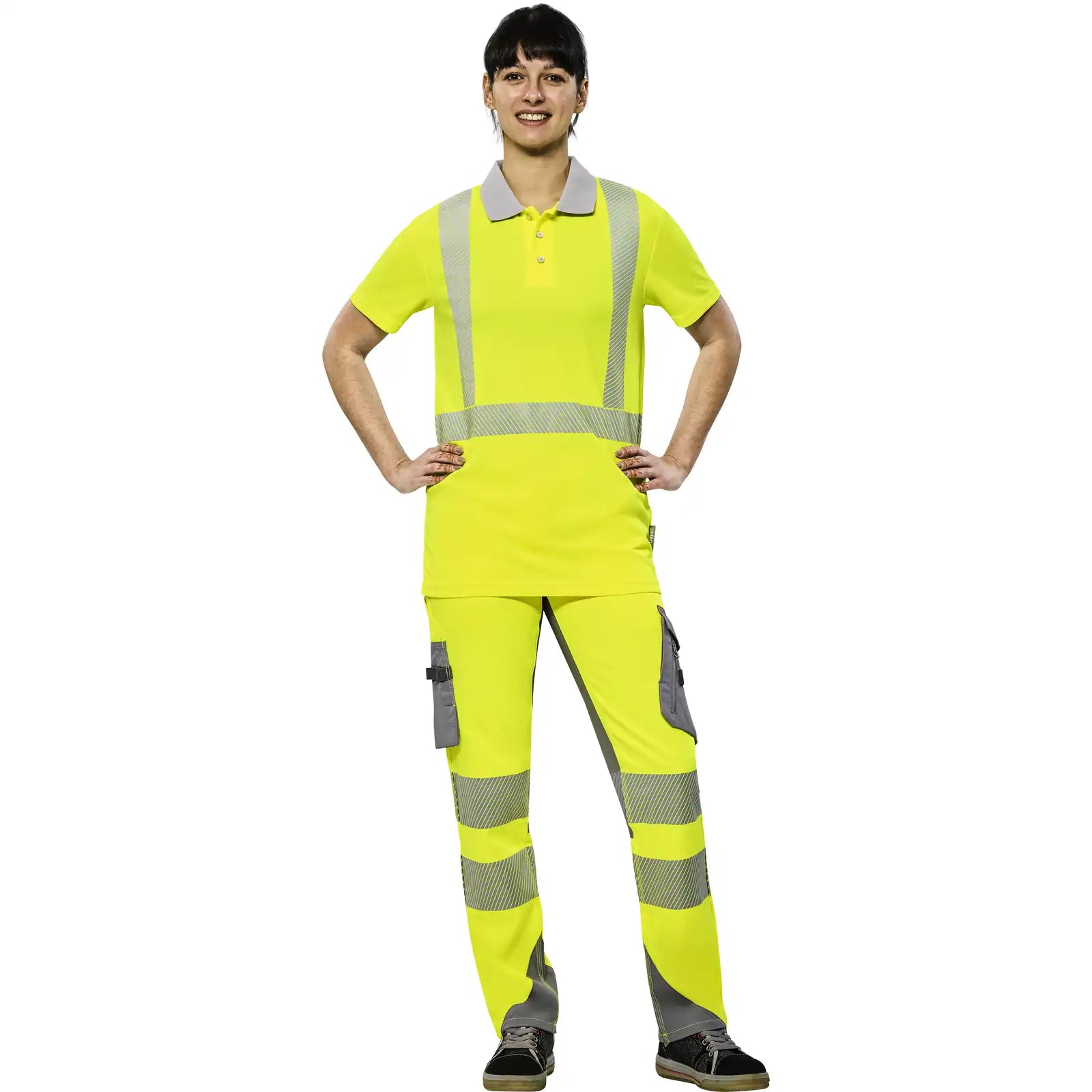 Planam Norit Warnschutz Poloshirt kurzarm gelb/zink XS gelb/zink - Produktbild mit Model