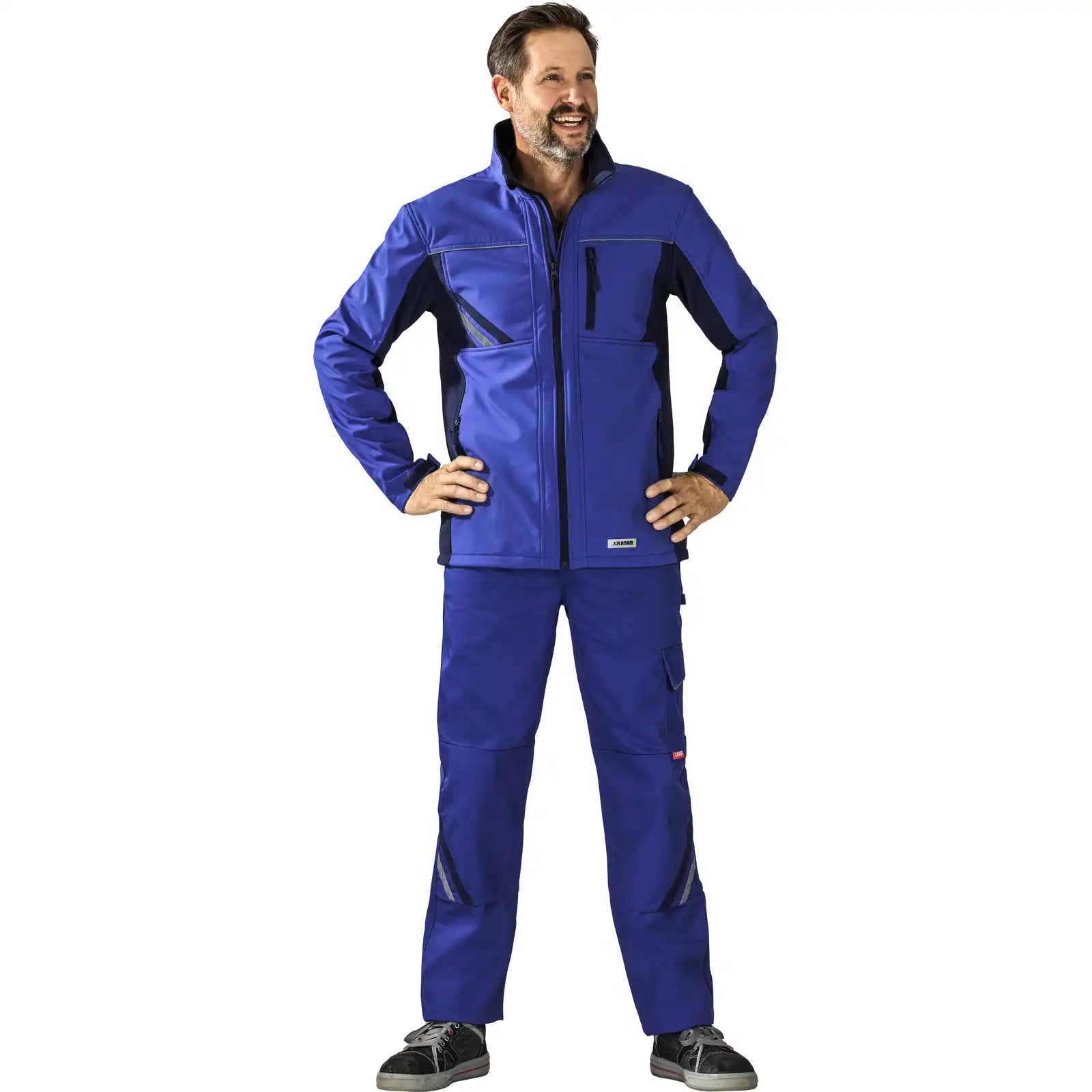 Planam Highline Softshelljacke kornblumenblau/marine XS kornblumenblau/marine/zink - Produktbild mit Model