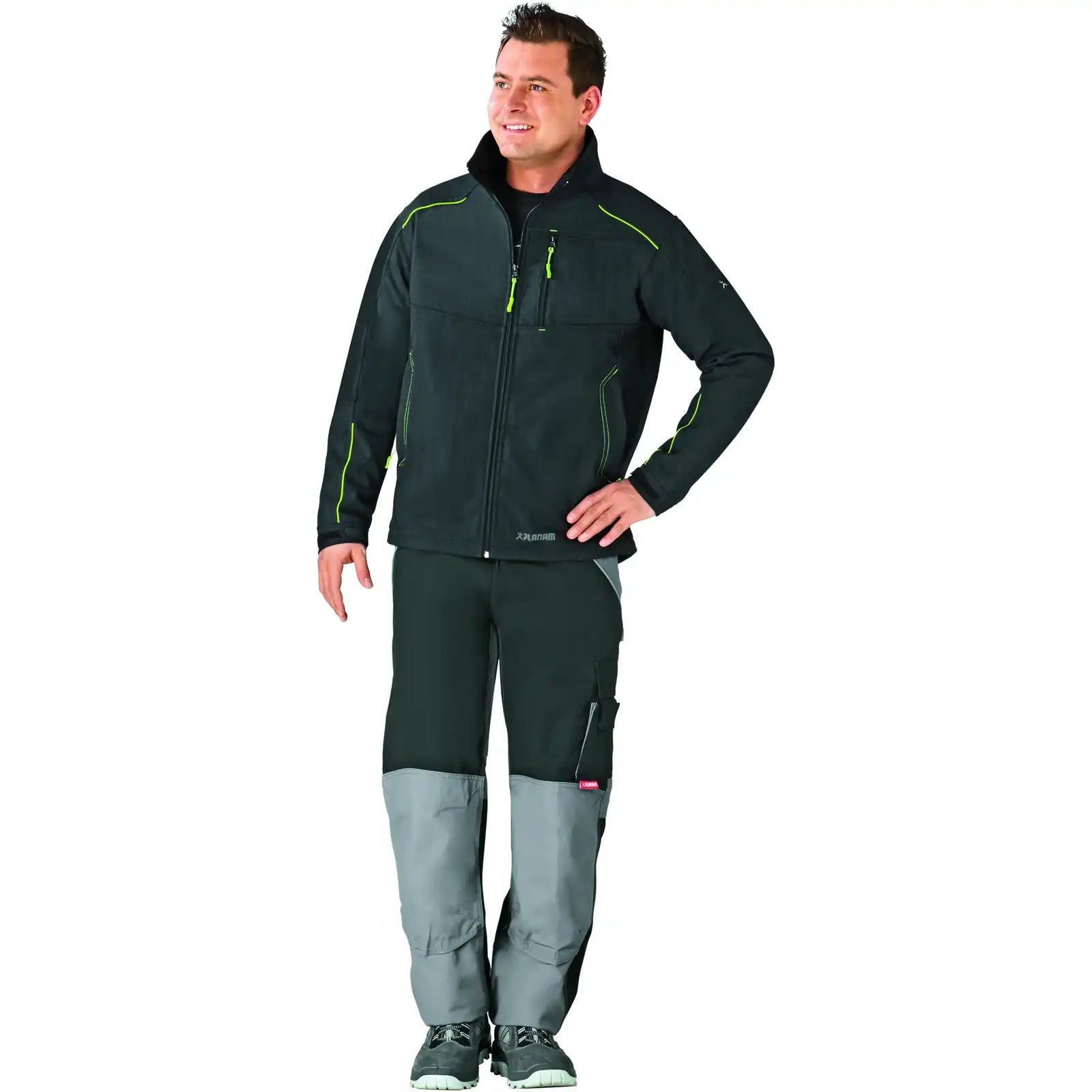 Planam Outdoor Neon Softshelljacke grau/grün L grau/grün - Produktbild mit Model