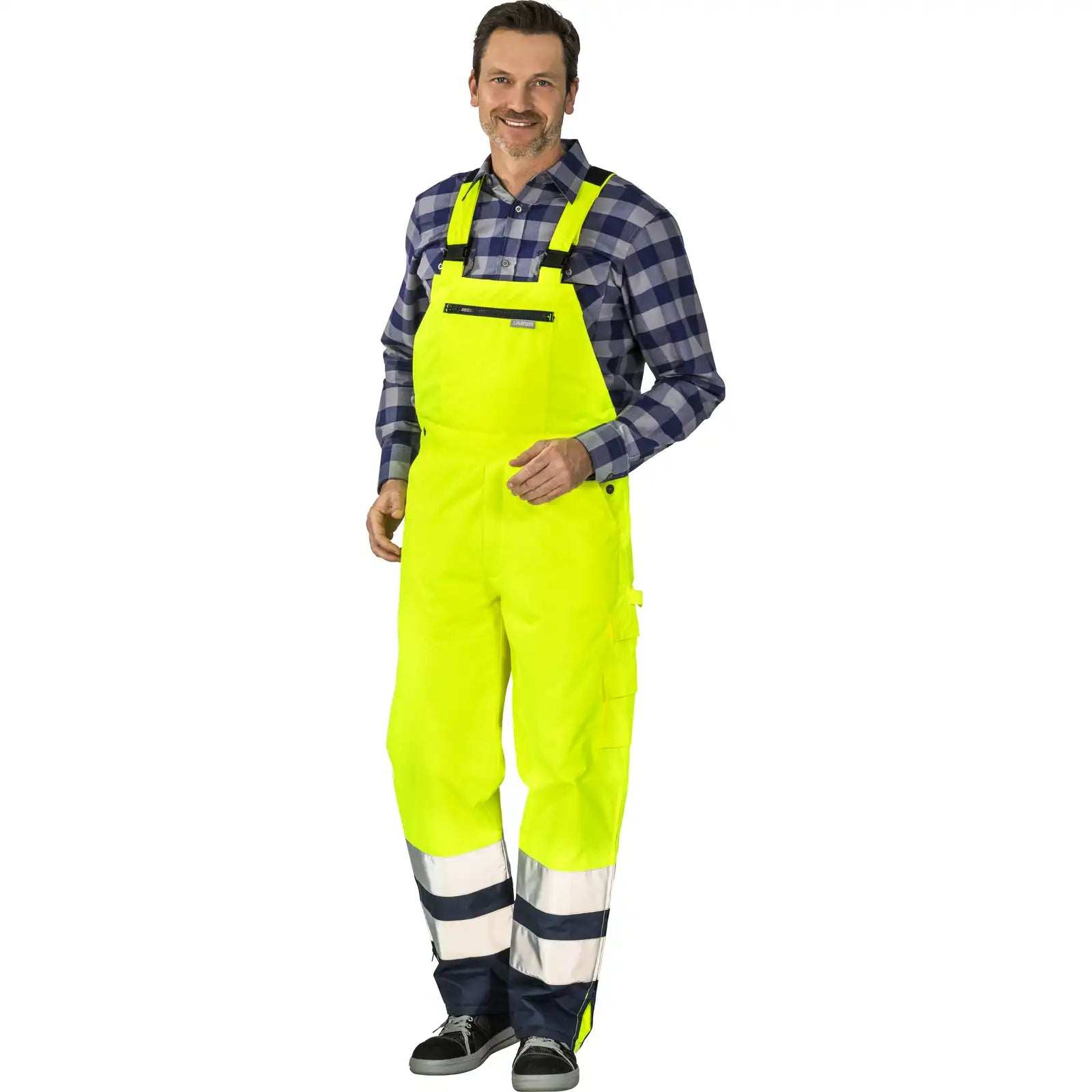 Planam Warnschutz Winterlatzhose gelb/marine 4XL gelb/marine - Produktbild mit Model