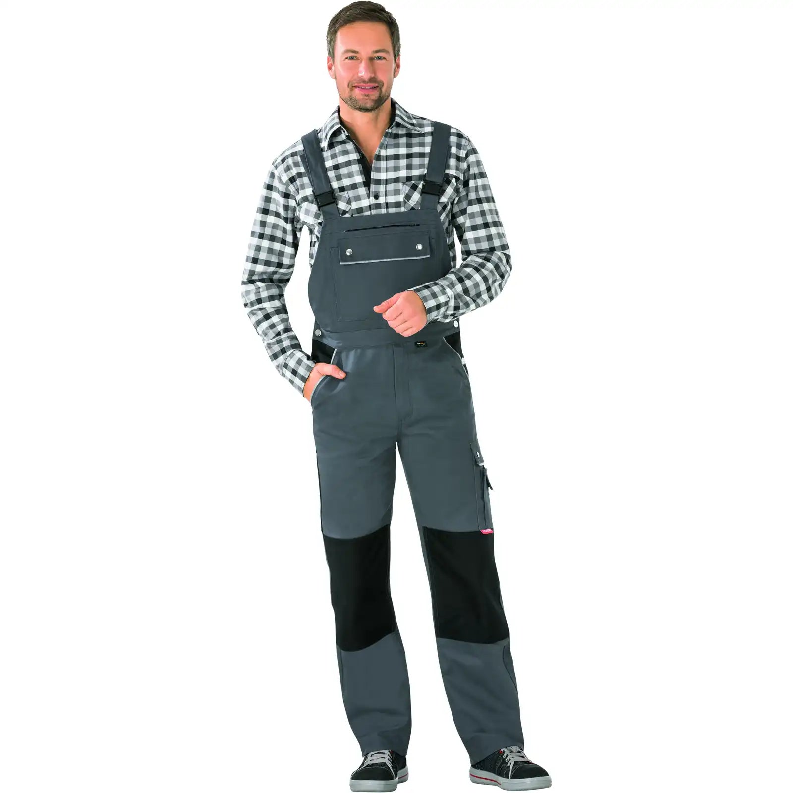 Planam Canvas 320 Latzhose grau/schwarz 102 grau/schwarz - Produktbild mit Model
