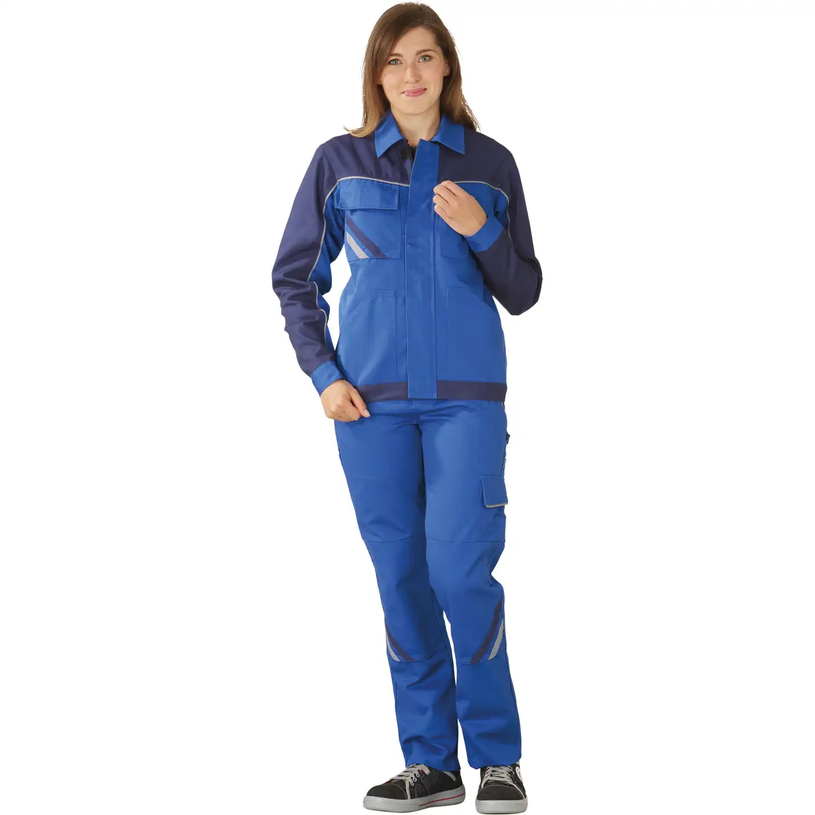 Planam Highline Damen Bundjacke kornblumenblau/marine/zink 34 kornblumenblau/marine/zink - Produktbild mit Model