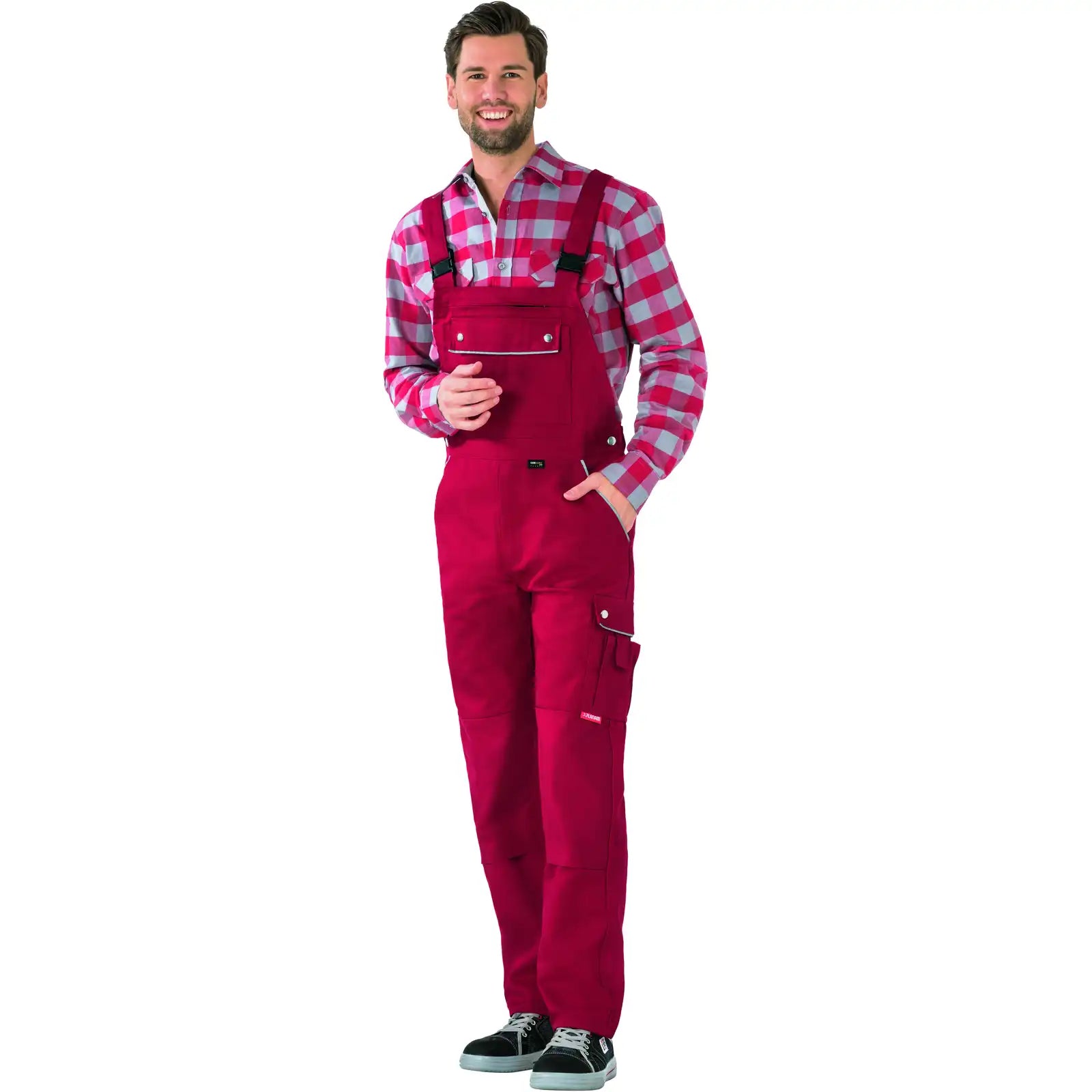 Planam Canvas 320 Latzhose rot/rot 102 rot/rot - Produktbild mit Model