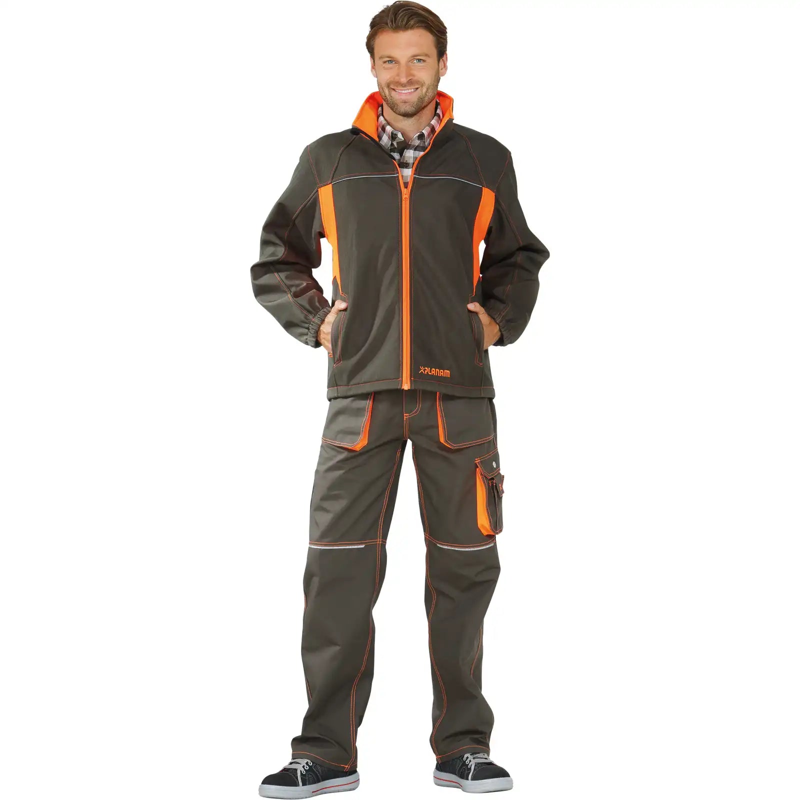 Planam Basalt Neon Softshelljacke oliv/orange XS oliv/orange - Produktbild mit Model