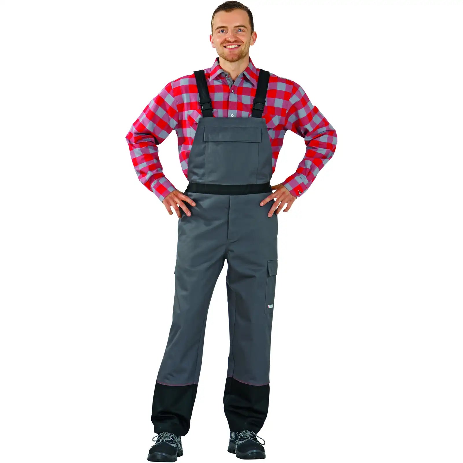 Planam Weld Shield Latzhose grau/schwarz 102 grau/schwarz - Produktbild mit Model