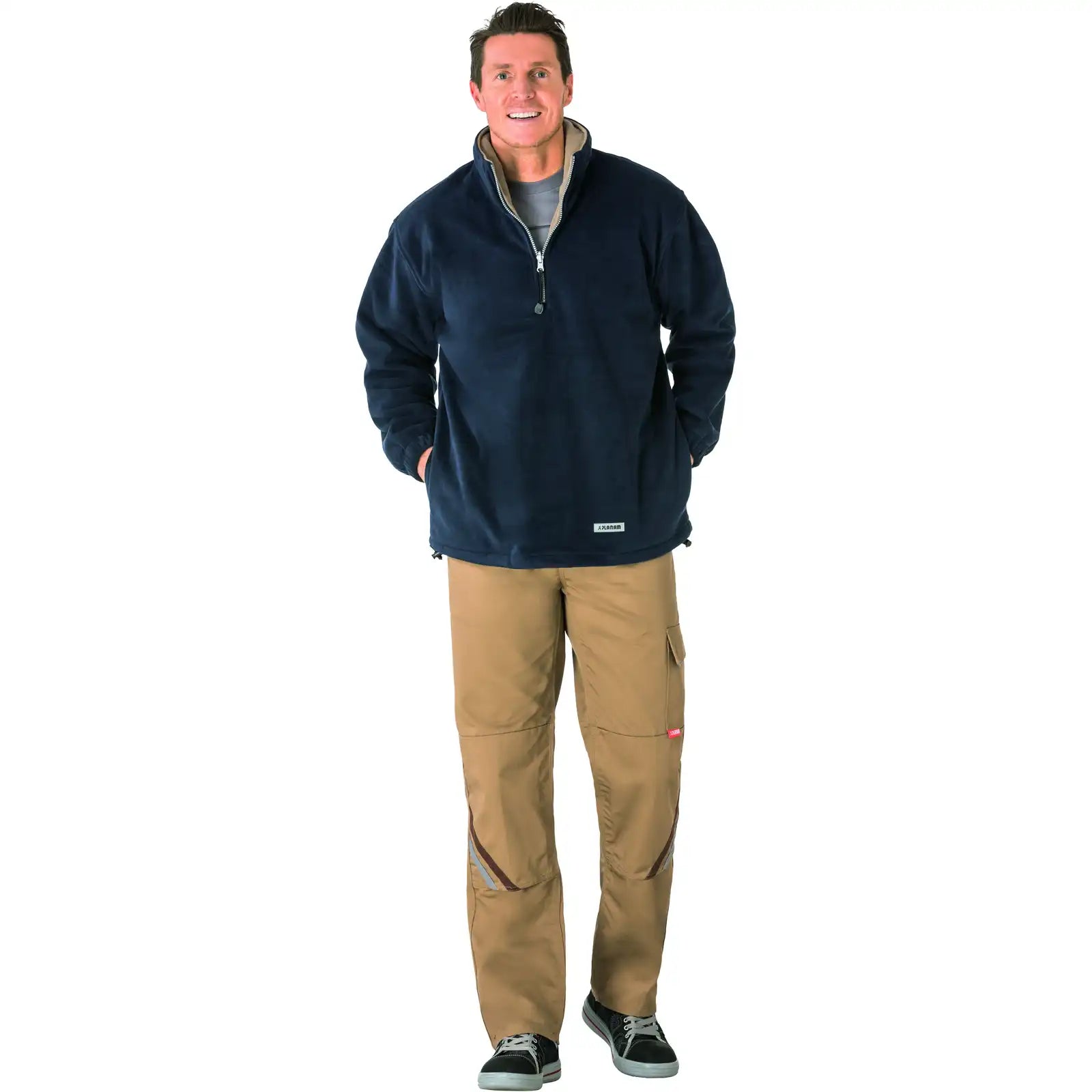 Planam Outdoor Relax Fleecetroyer marine/camel L marine/camel - Produktbild mit Model