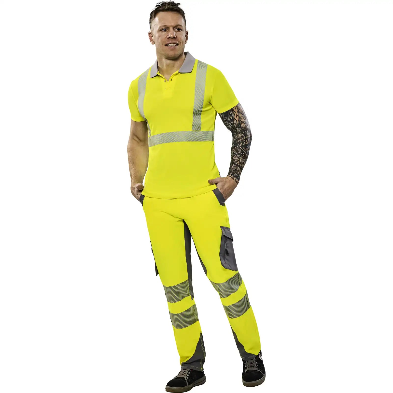 Planam Norit Warnschutz Poloshirt kurzarm gelb/zink XS gelb/zink - Produktbild mit Model