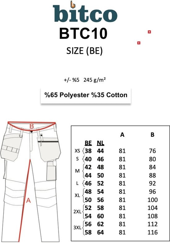 BITCO BTC10 Arbeitshose – Strapazierfähige Polyester-Baumwollmischung – Mehrere Werkzeugtaschen – Doppelt genäht