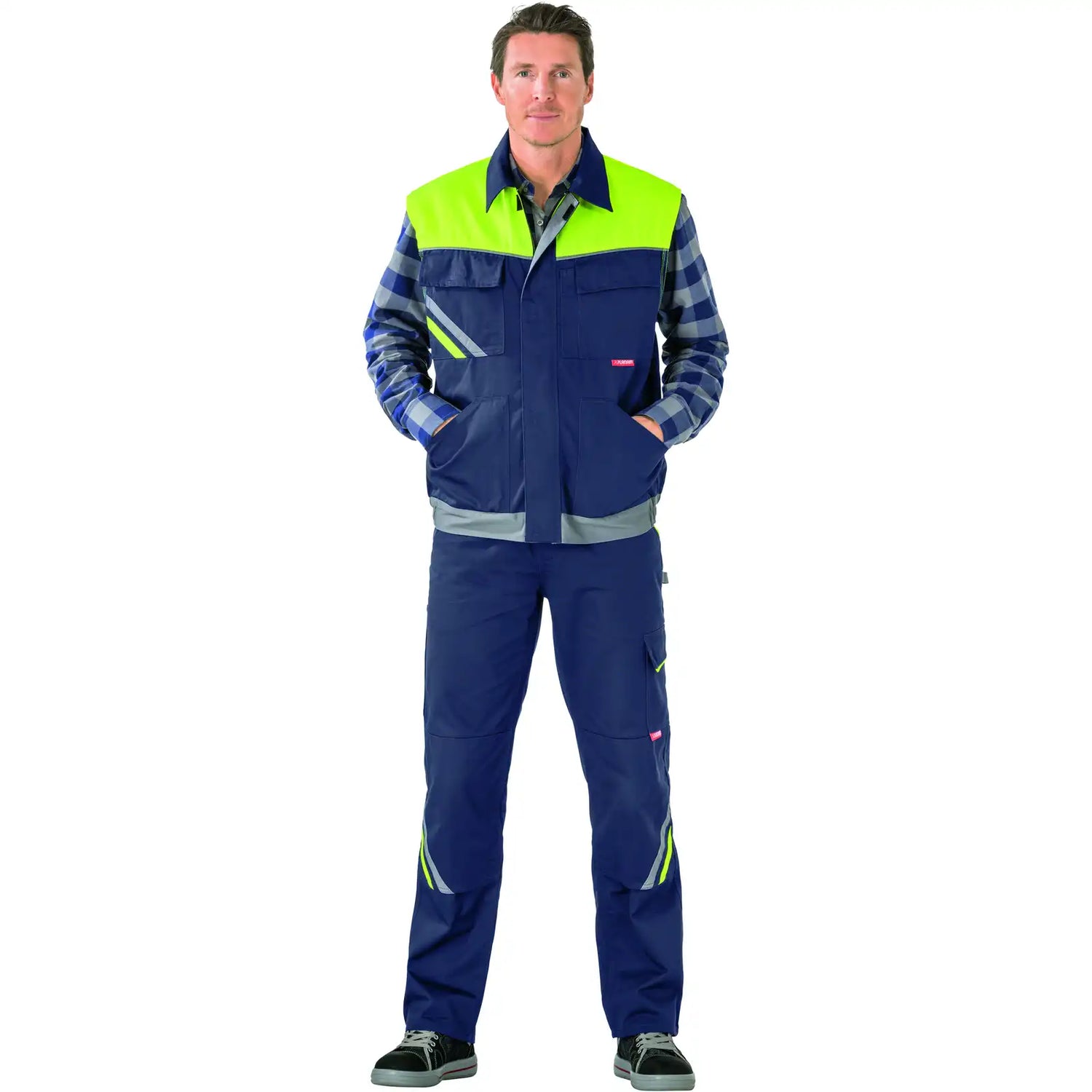 Planam Visline Weste marine/gelb/zink XS marine/gelb/zink - Produktbild mit Model