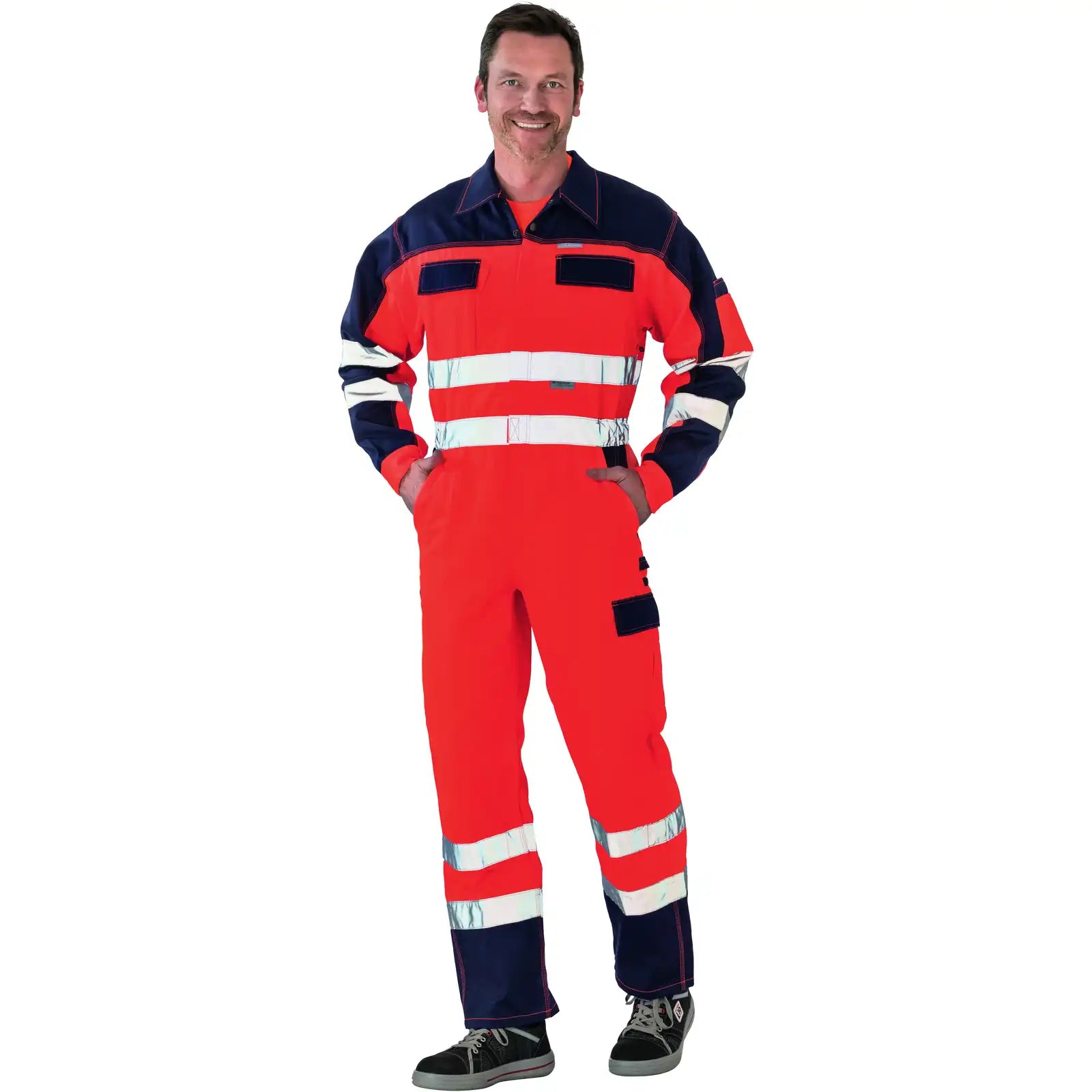 Planam Warnschutz Rallyekombi orange/marine 102 orange/marine - Produktbild mit Model