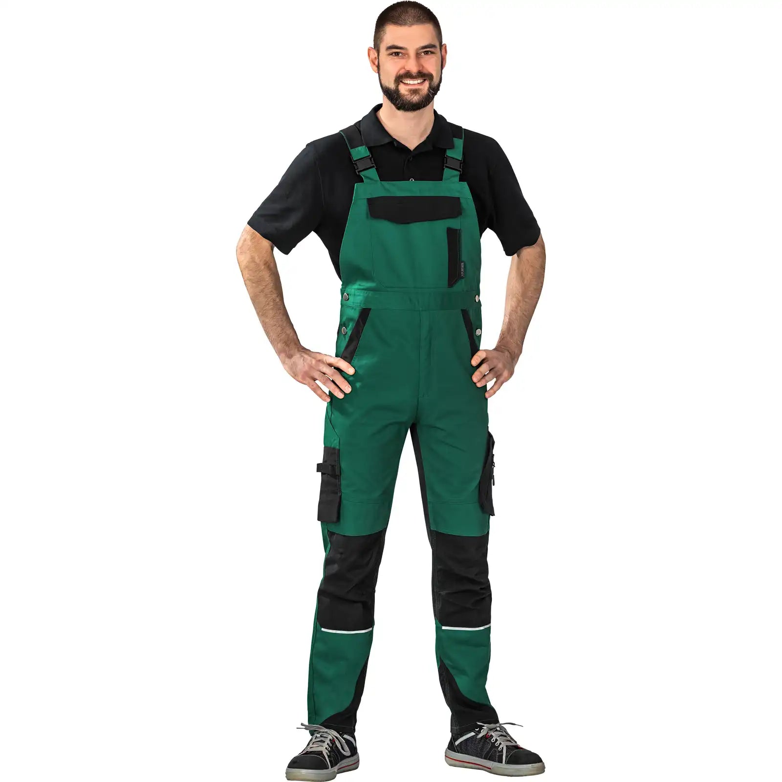 Planam Norit Herren Latzhose grün/schwarz 102 grün/schwarz - Produktbild mit Model