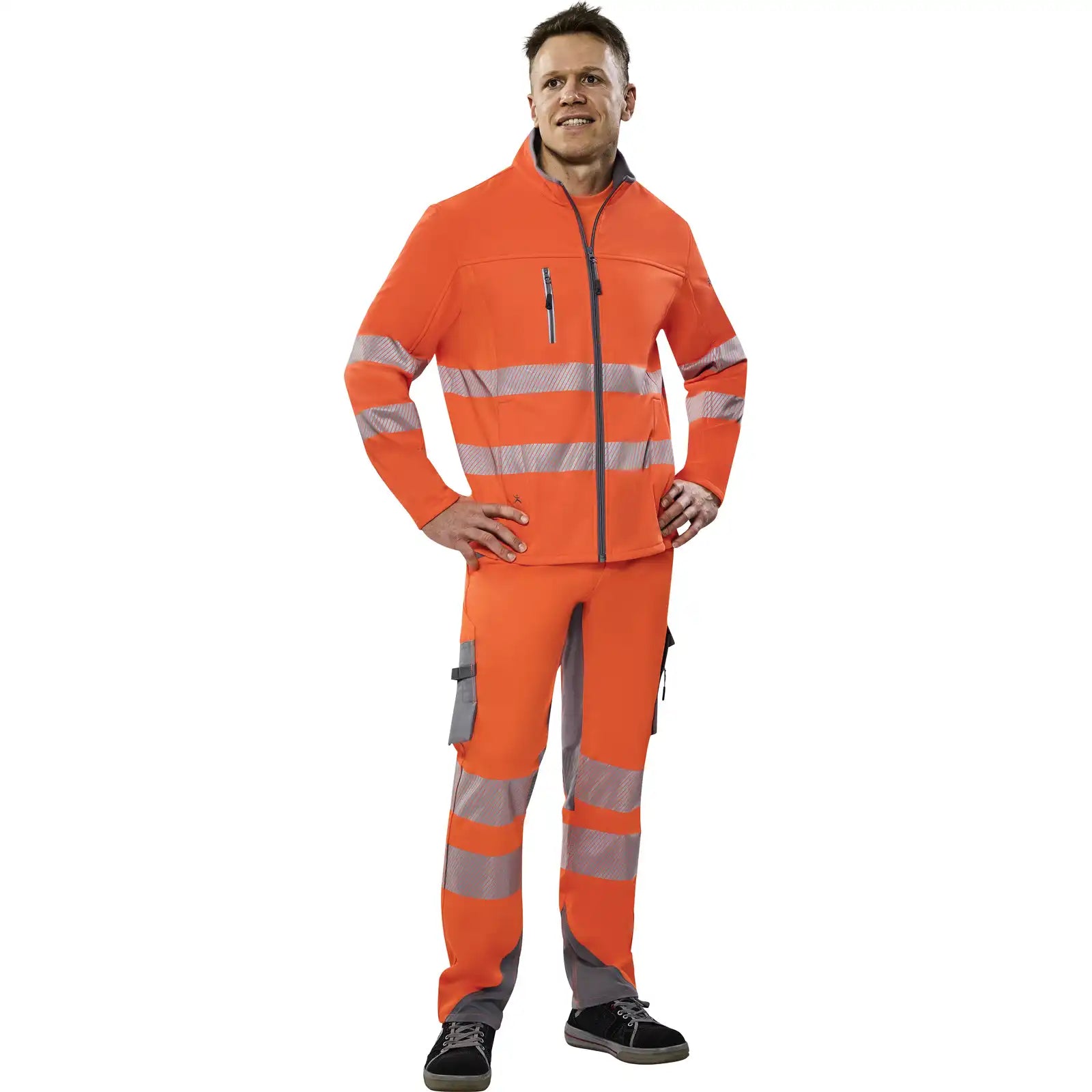 Planam Norit Warnschutz Herren Pure Softshelljacke orange  102 orange - Produktbild mit Model