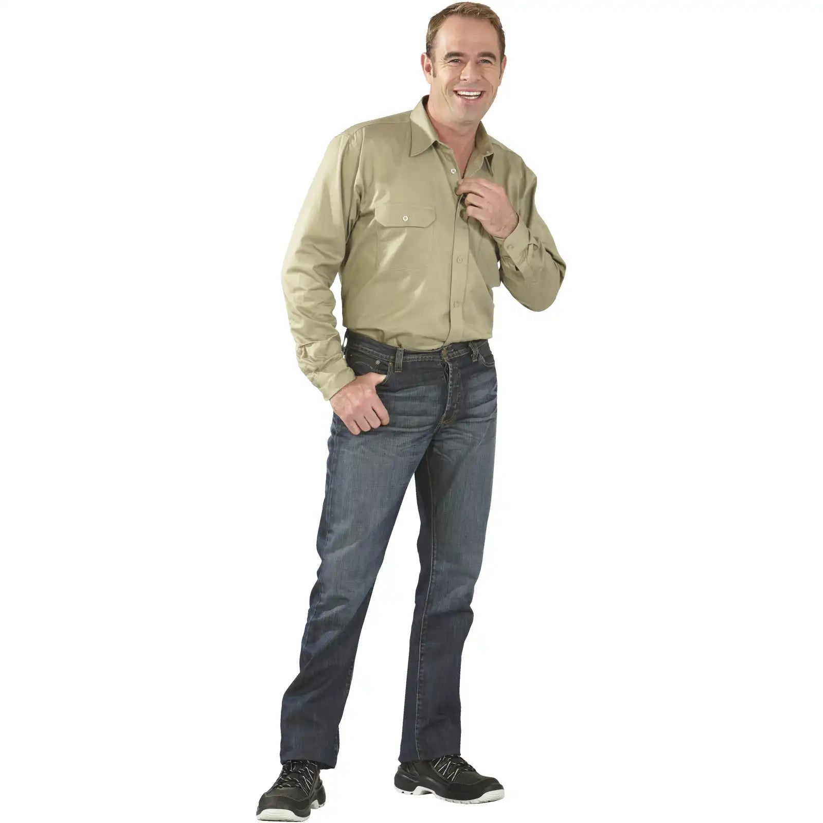Planam Hemden Köperhemd Langarm khaki 37/38 khaki - Produktbild mit Model