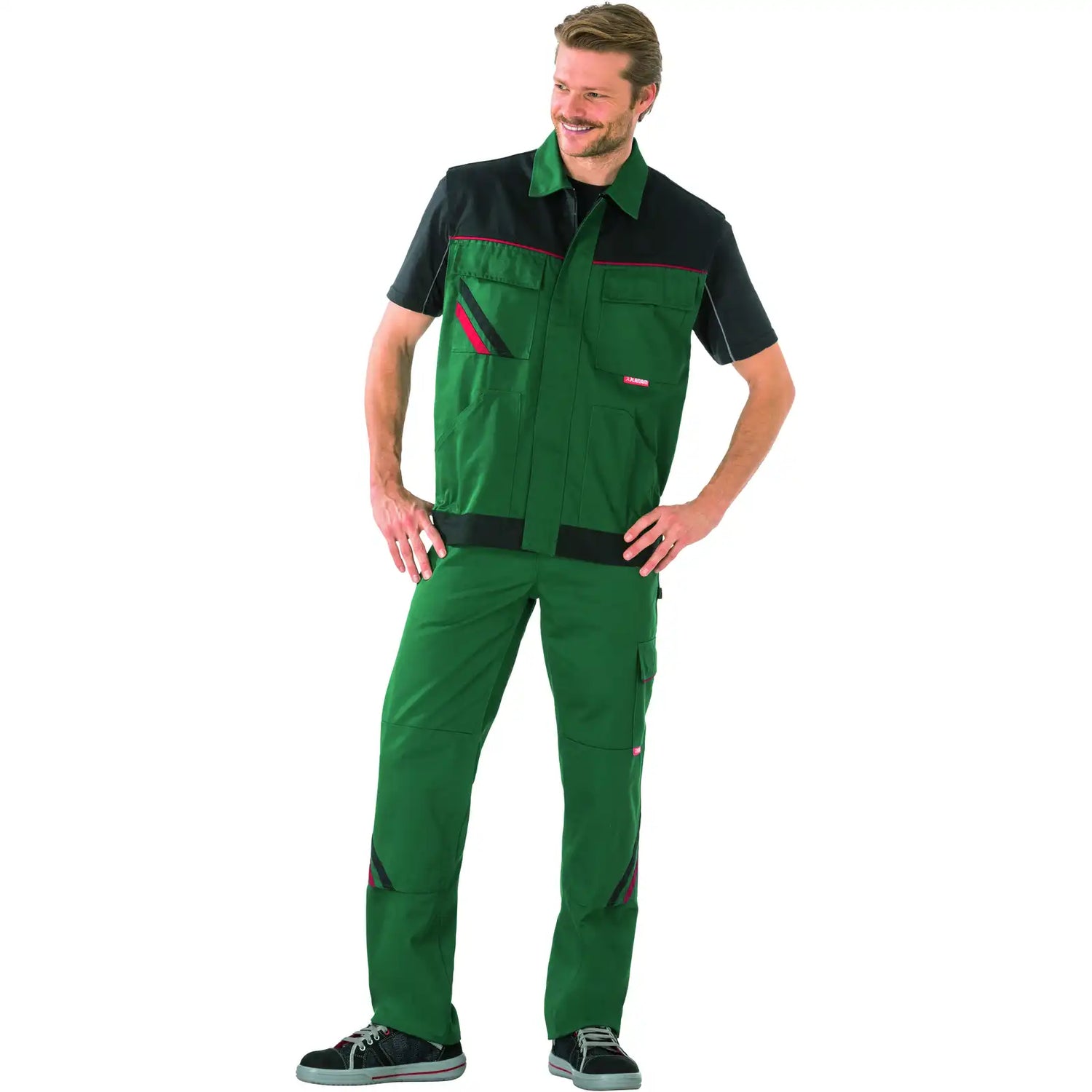 Planam Highline Arbeitsweste grün/schwarz/rot XS grün/schwarz/rot - Produktbild mit Model