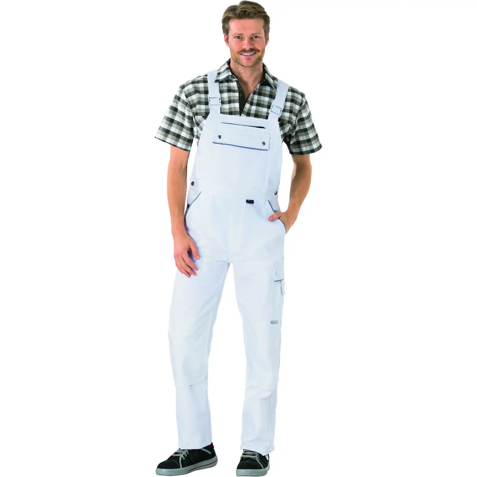 Planam Canvas 320 Latzhose reinweiß/reinweiß 102 reinweiß/reinweiß - Produktbild mit Model