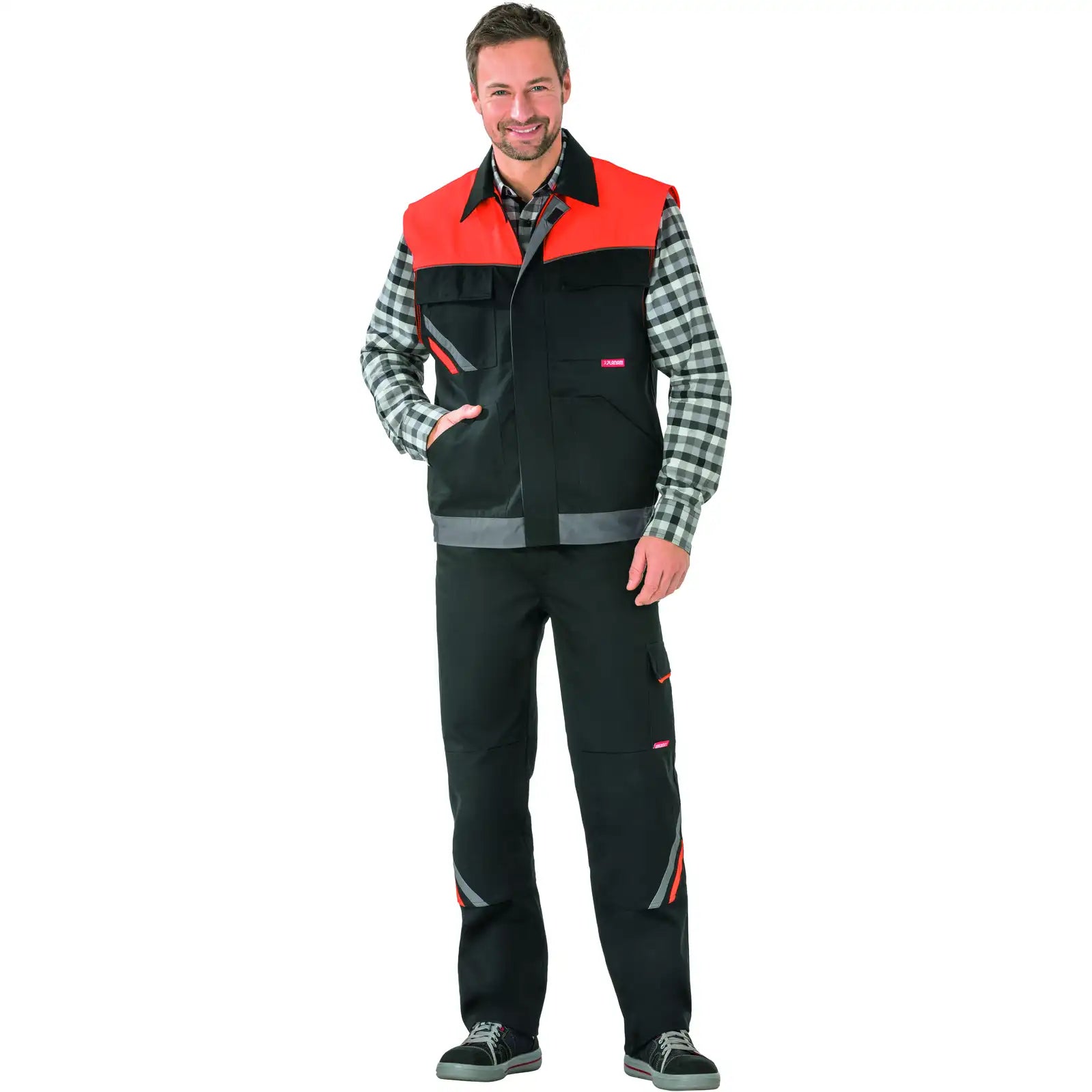 Planam Visline Weste schwarz/orange/zink XS schwarz/orange/zink - Produktbild mit Model