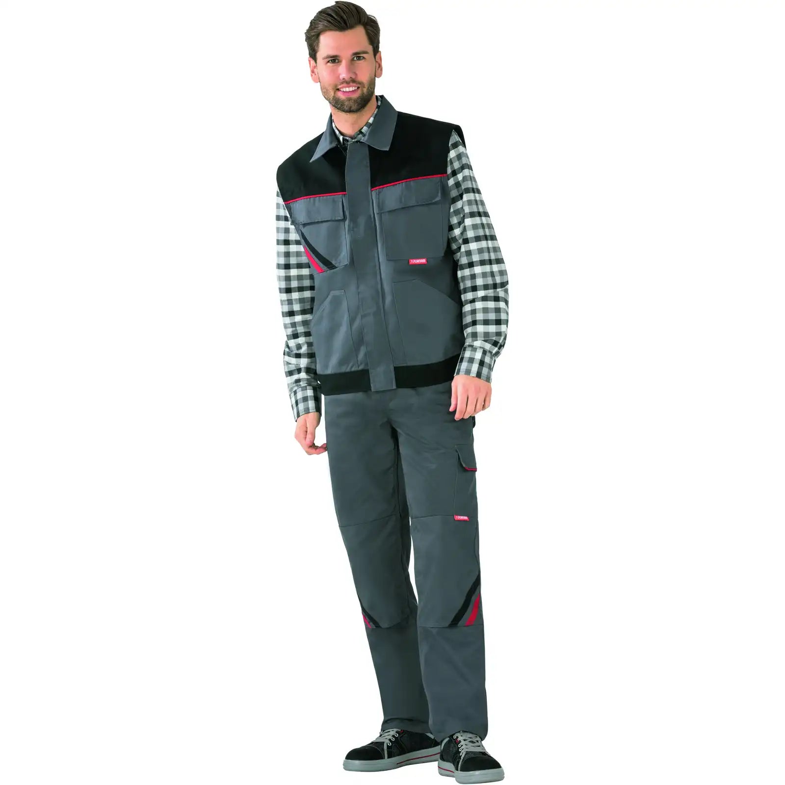 Planam Highline Arbeitsweste schiefer/schwarz/rot XS schiefer/schwarz/rot - Produktbild mit Model
