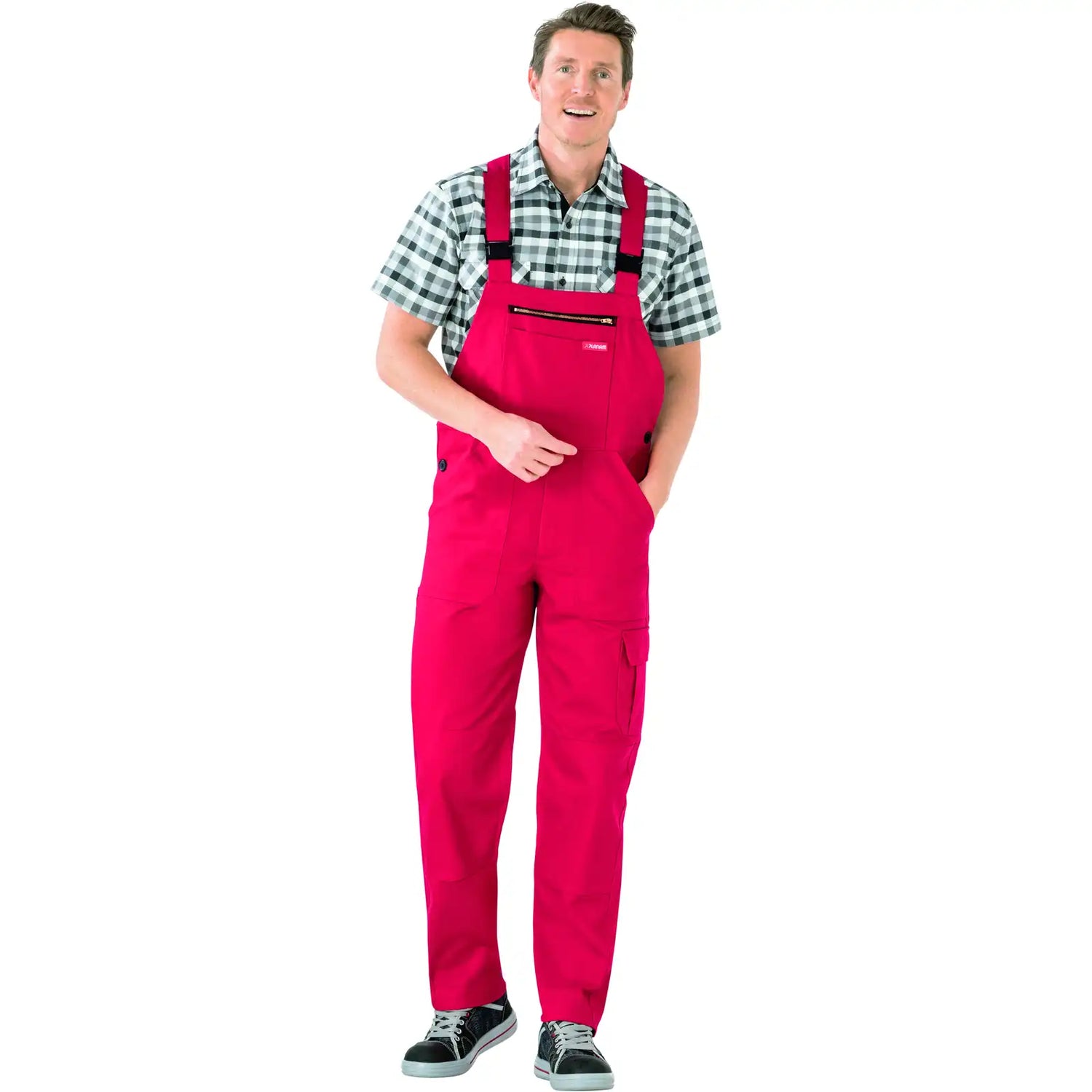 Planam BW 290 Cargo-Latzhose mittelrot 102 mittelrot - Produktbild mit Model