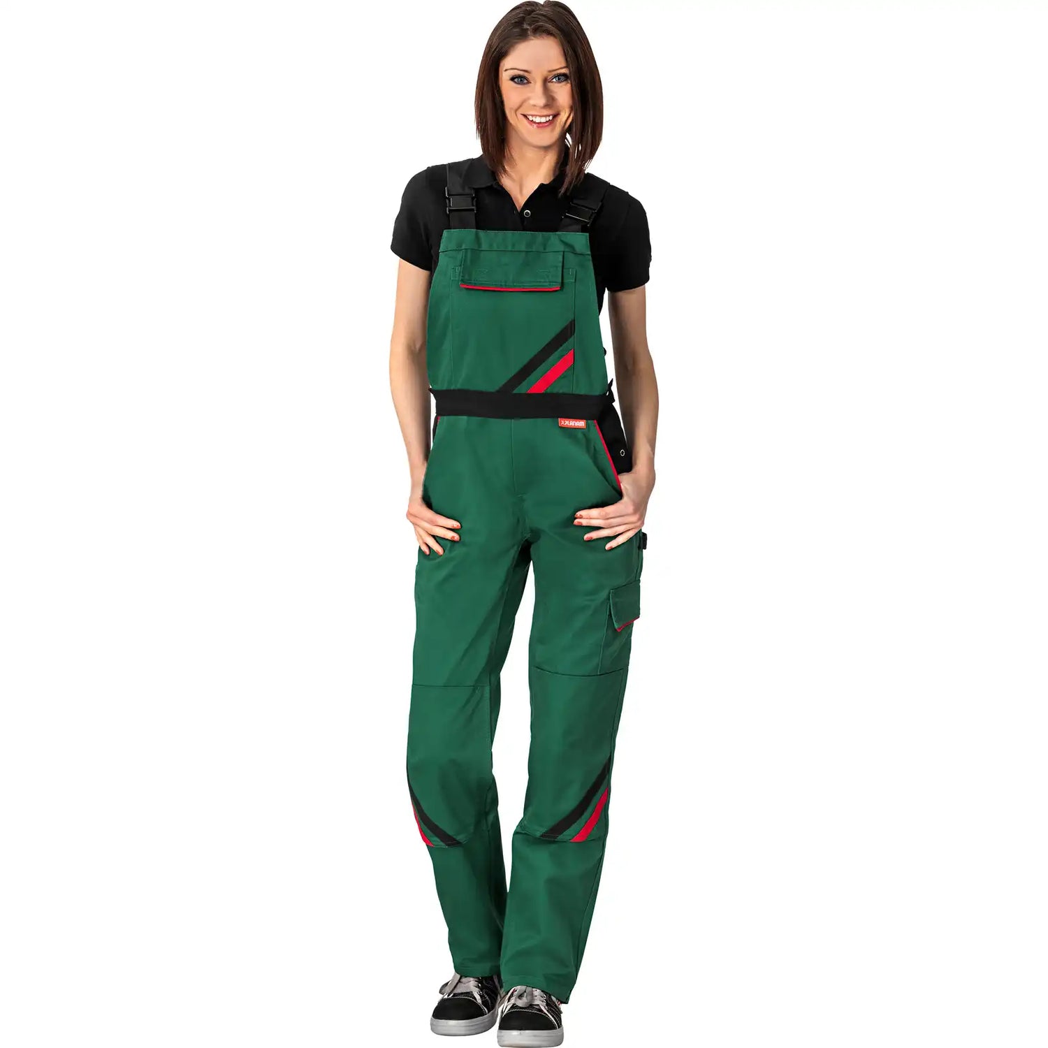 Planam Highline Damen Latzhose grün/schwarz/rot 34 grün/schwarz/rot - Produktbild mit Model