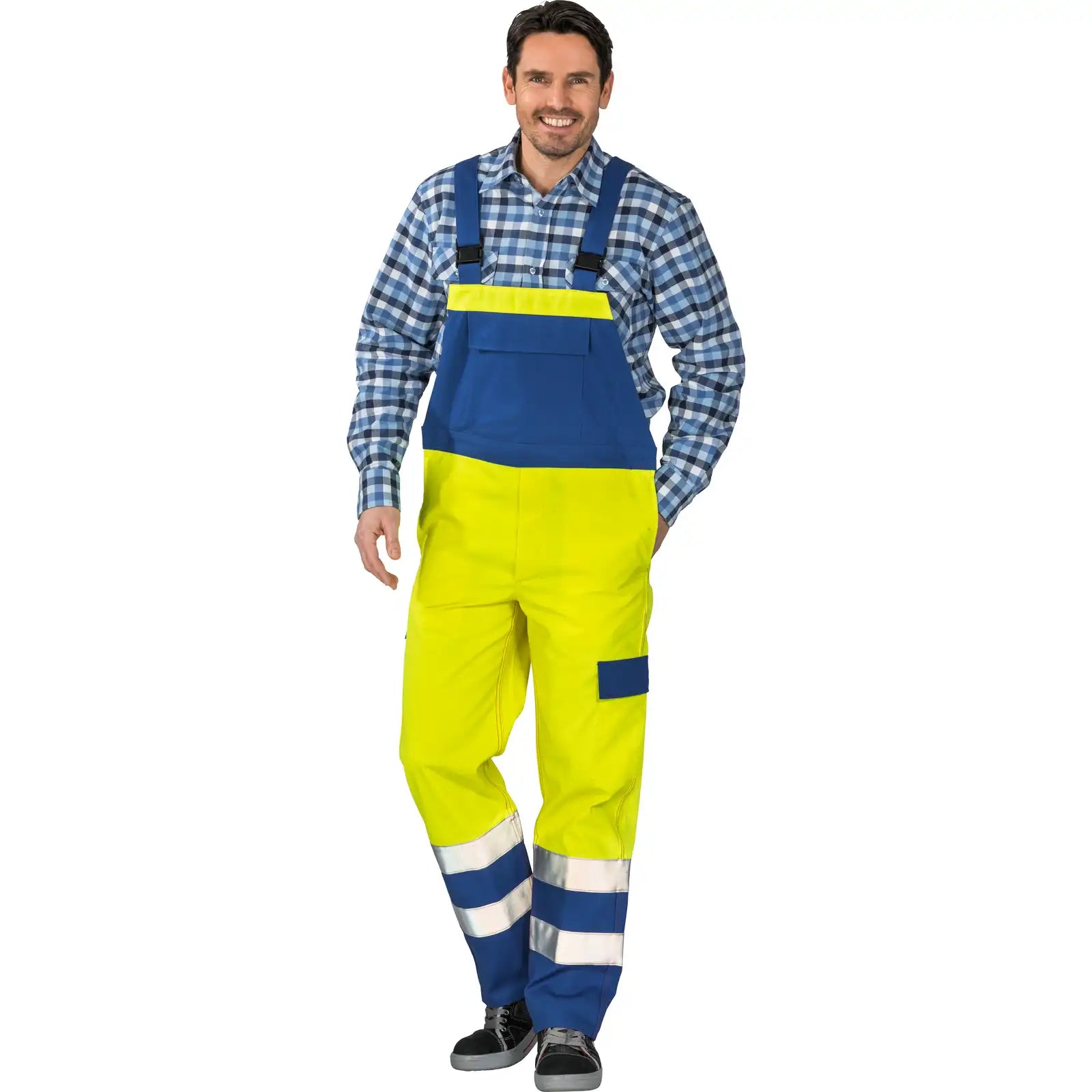 Planam Major Protect Latzhose warngelb/kornblumenblau 102 gelb/kornblumenblau - Produktbild mit Model