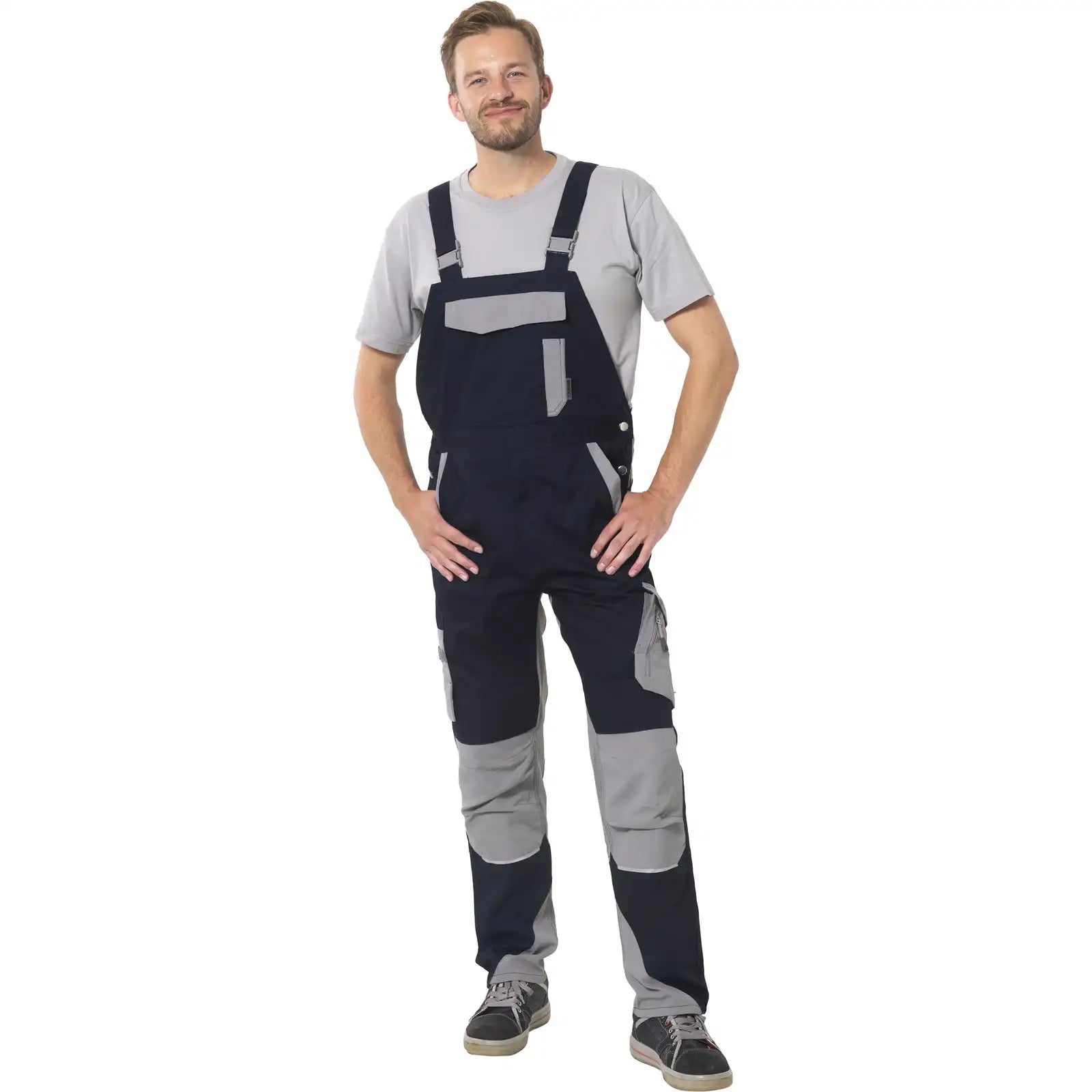 Planam Norit Herren Latzhose schwarzblau/zink  102 schwarzblau/zink - Produktbild mit Model