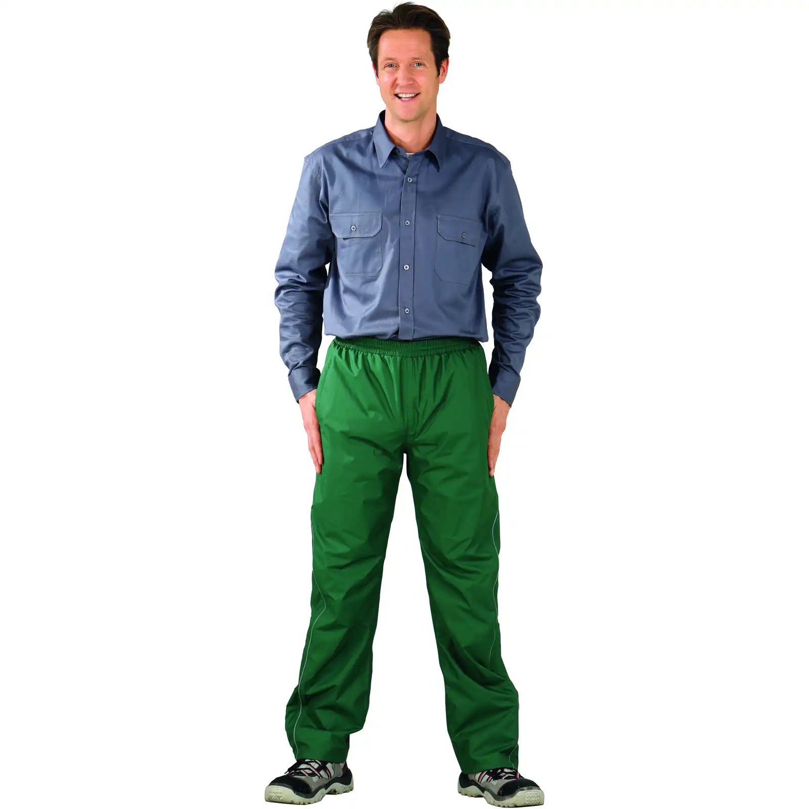 Planam Outdoor Monsun Hose orange 4XL grün - Produktbild mit Model