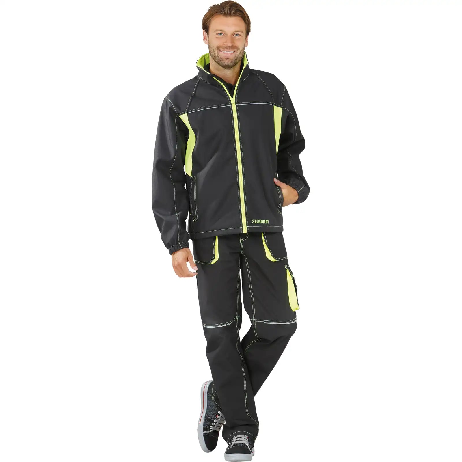 Planam Basalt Neon Softshelljacke anthrazit/gelb XS anthrazit/gelb - Produktbild mit Model