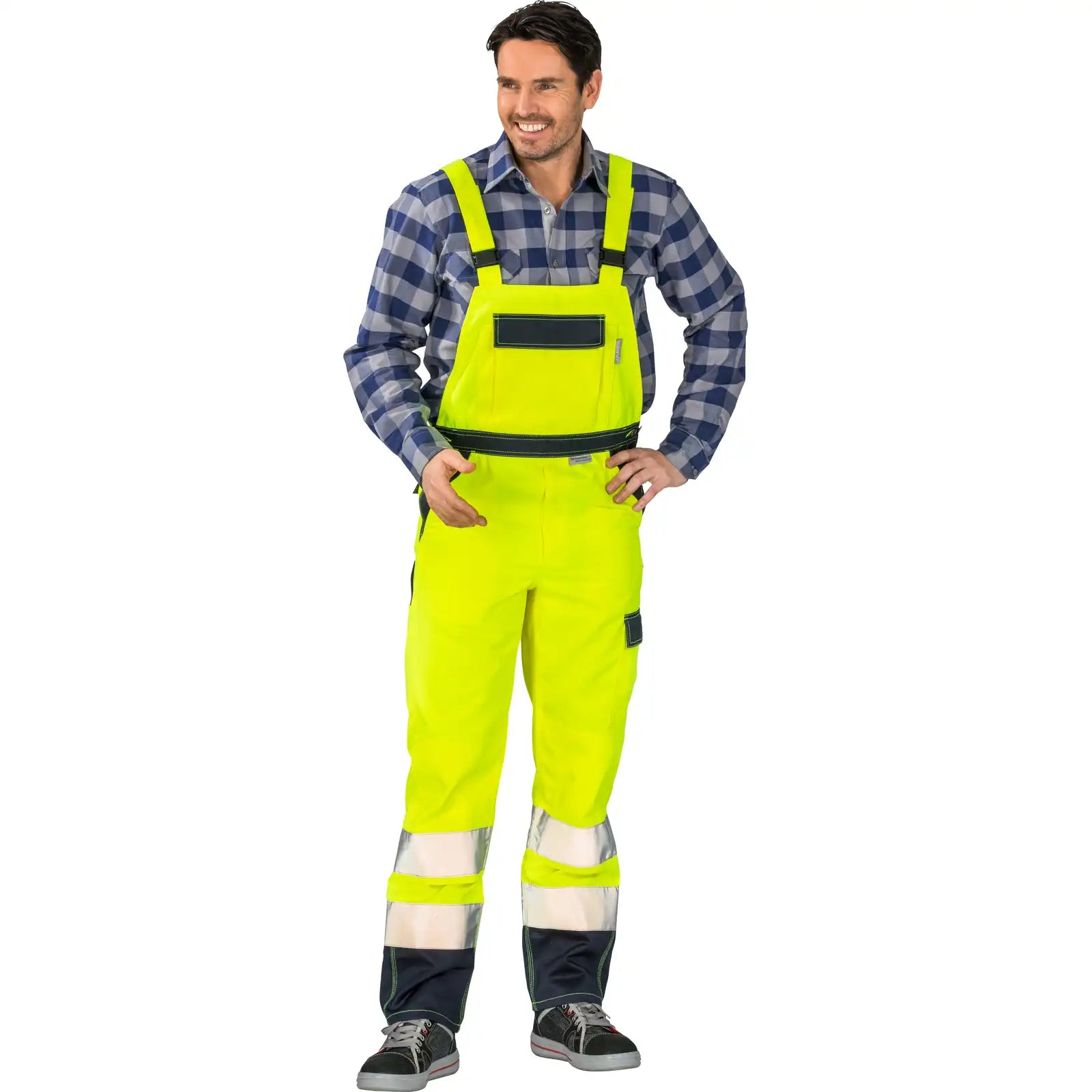 Planam Warnschutz Latzhose gelb/marine 102 gelb/marine - Produktbild mit Model