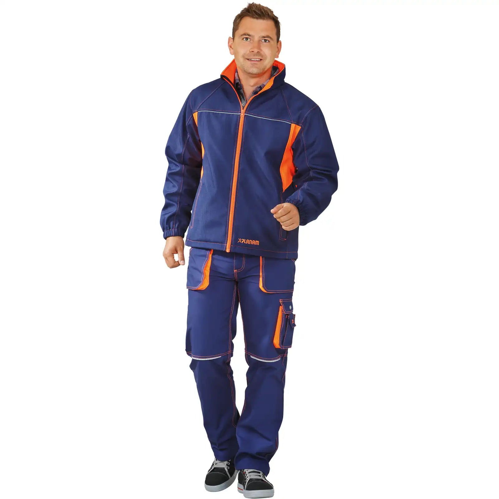 Planam Basalt Neon Softshelljacke marine/orangeXS marine/orange - Produktbild mit Model