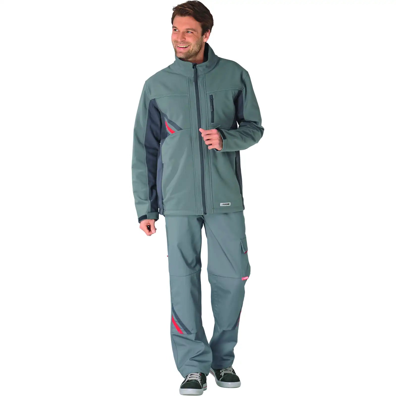 Planam Highline Softshelljacke zink/schiefer XS zink/schiefer/rot - Produktbild mit Model