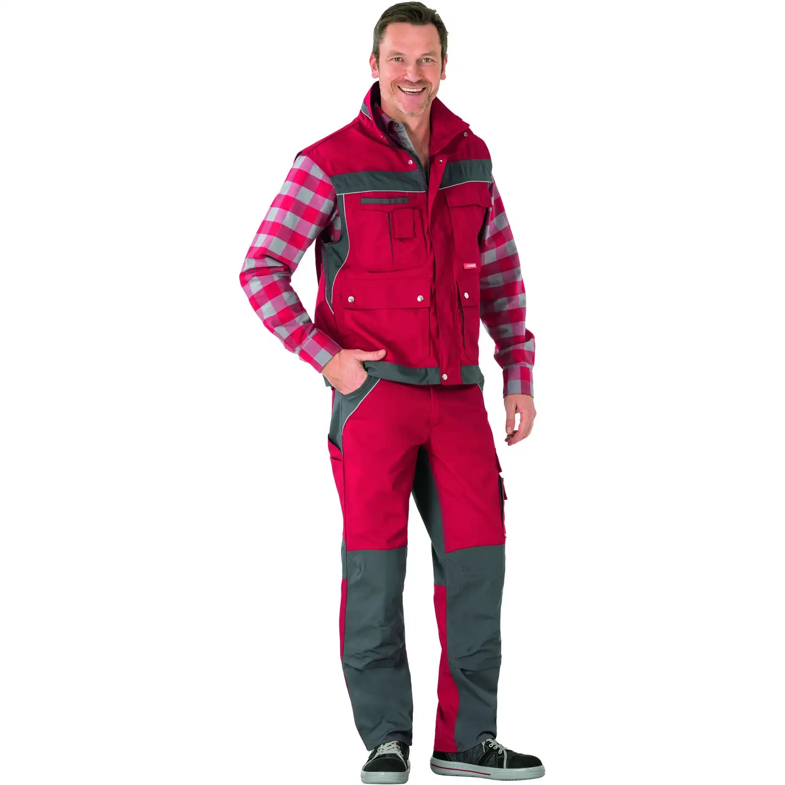 Planam Plaline Weste rot/schiefer XS rot/schiefer - Produktbild mit Model