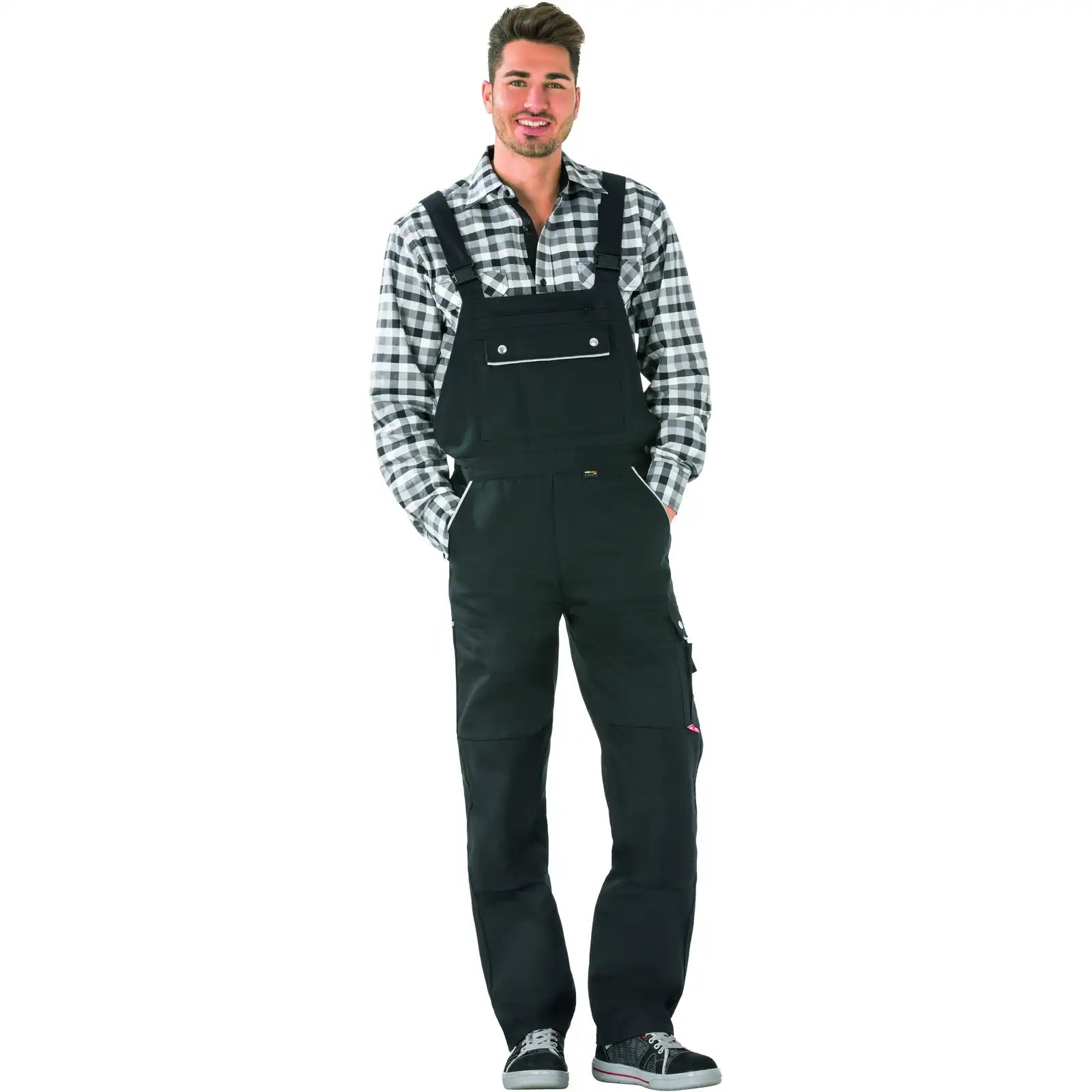 Planam Canvas 320 Latzhose schwarz/schwarz 102 schwarz/schwarz - Produktbild mit Model