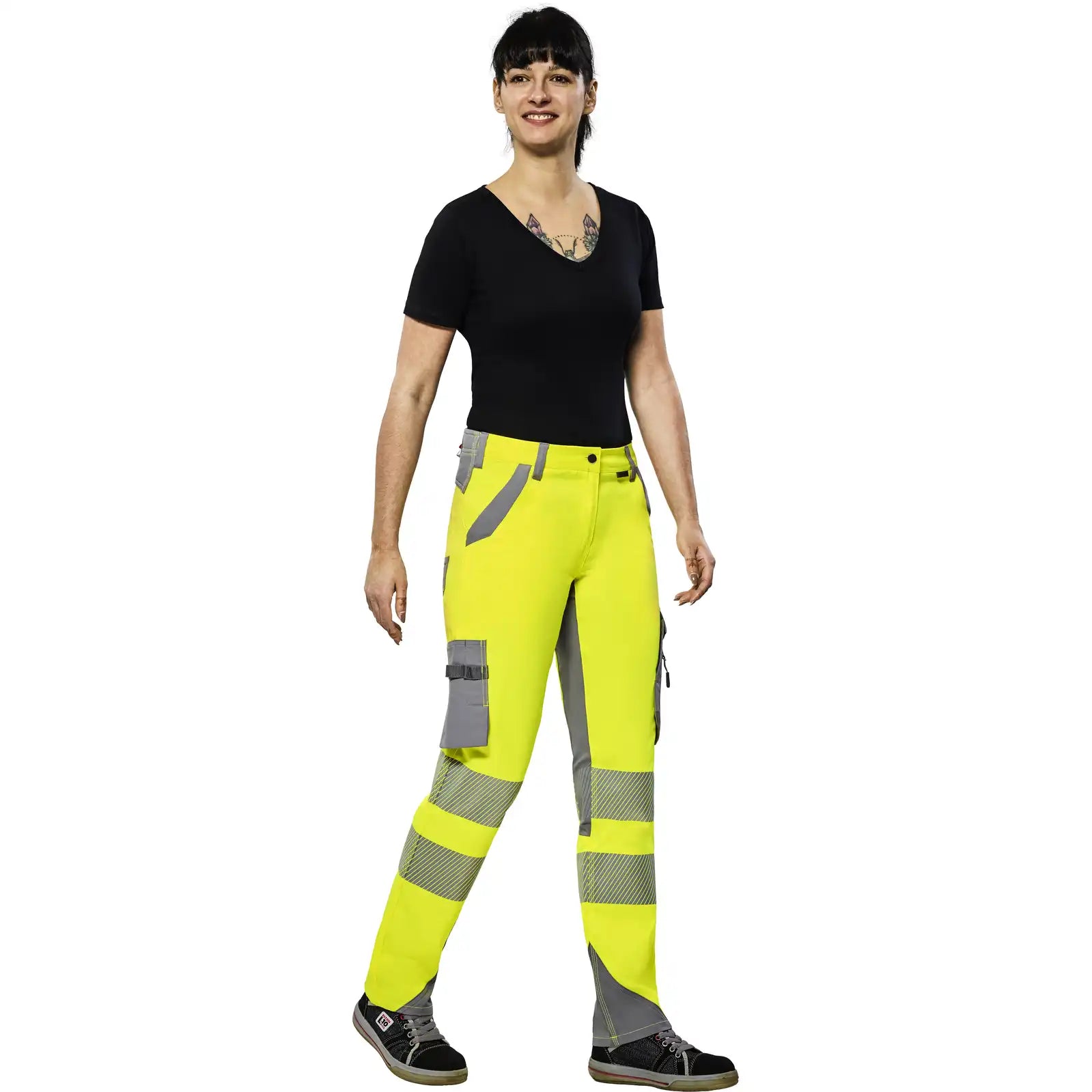 Planam Norit Warnschutz Damen Bundhose gelb/zink  36 gelb/zink - Produktbild mit Model