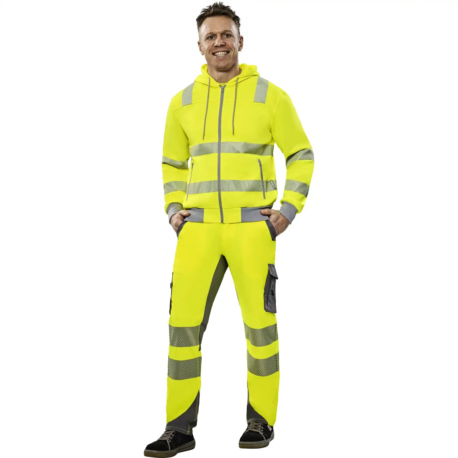 Planam Norit Warnschutz Hoody gelb/zink XS gelb/zink - Produktbild mit Model